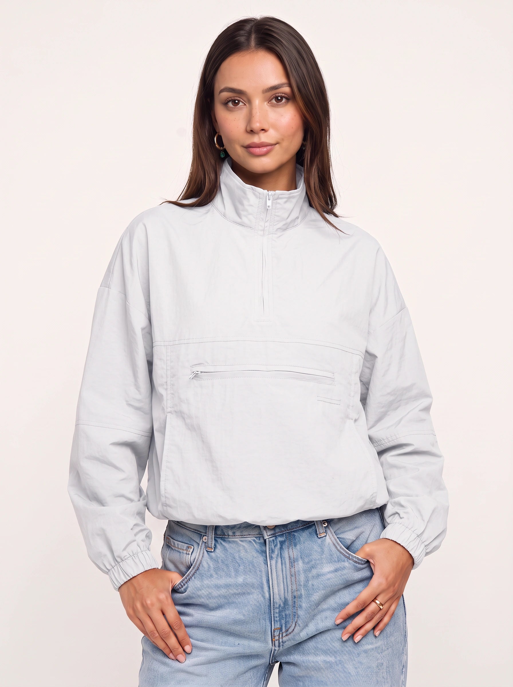 Veste coupe-vent Hexford à demi-zip - Pull-over noir à quart de zip pour femme, veste courte décontractée de style streetwear pour l'automne