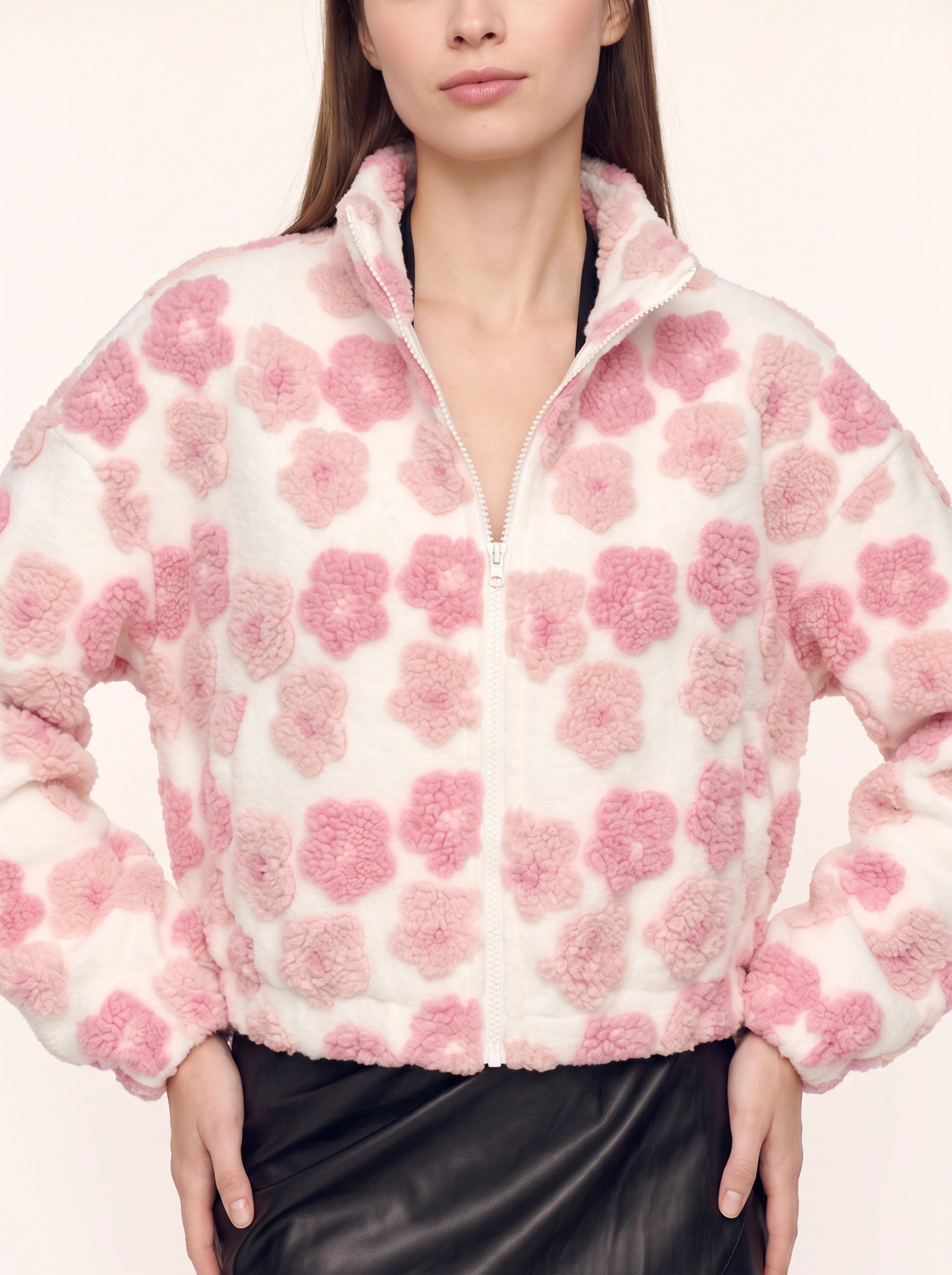 Blouson aviateur Rosaflor rose à cœur en fausse fourrure - Doudoune rose duveteuse zippée pour femme, manteau d'automne et d'hiver