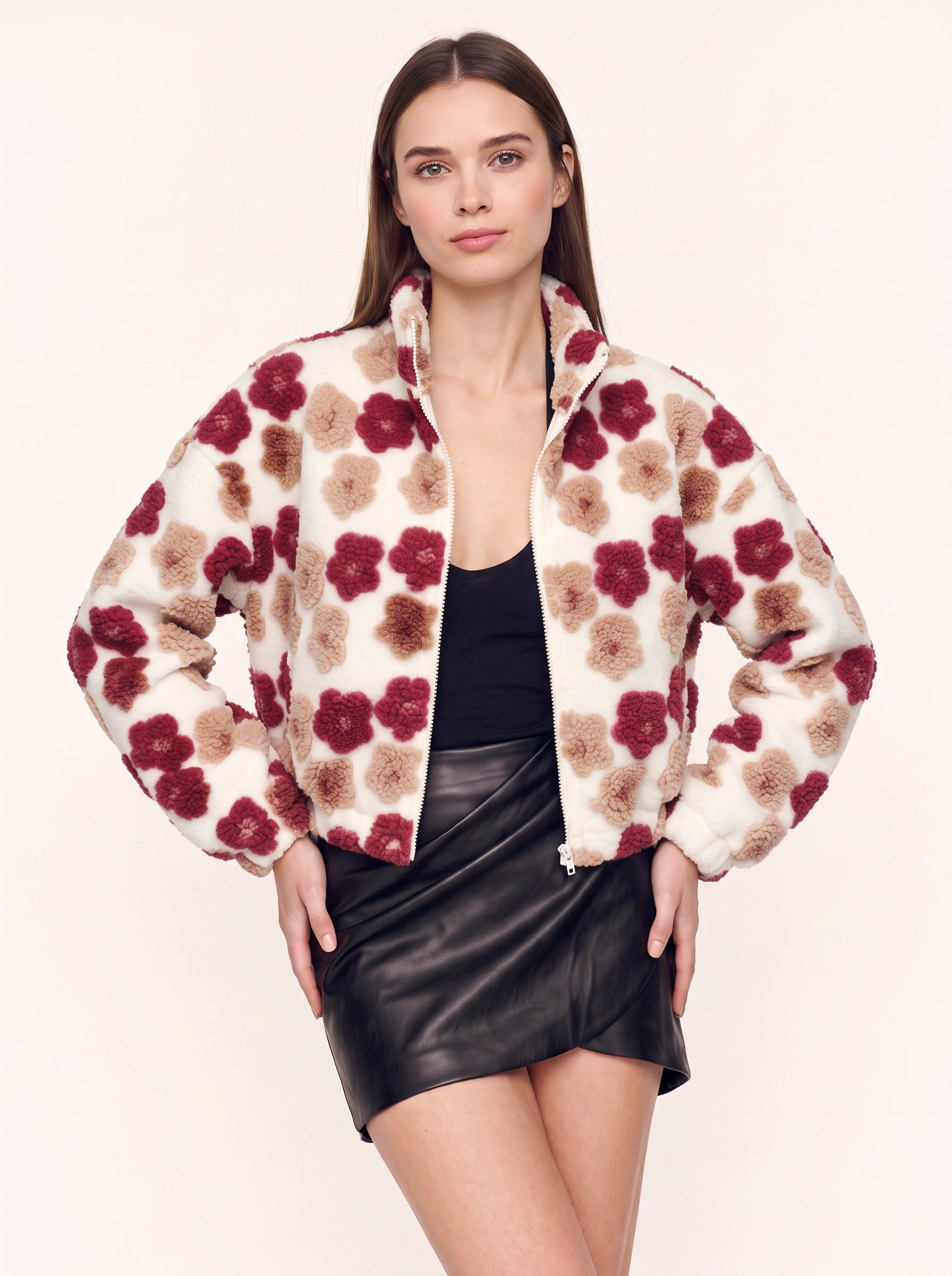 Blouson aviateur Rosaflor rose à cœur en fausse fourrure - Doudoune rose duveteuse zippée pour femme, manteau d'automne et d'hiver