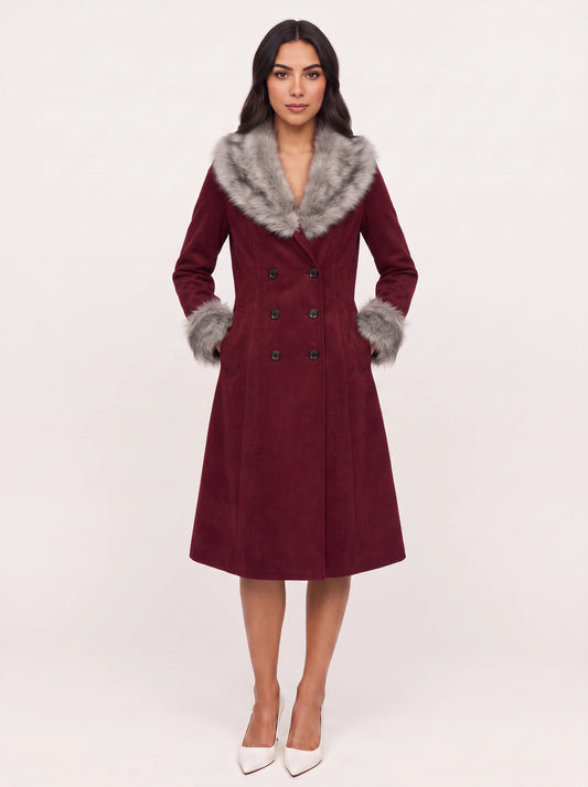 Borgrim Faux Fur Collar Double-Breasted Coat – Burgundy Wool Women Long Tailored Winter Vintage Fox Fur Collar Coat