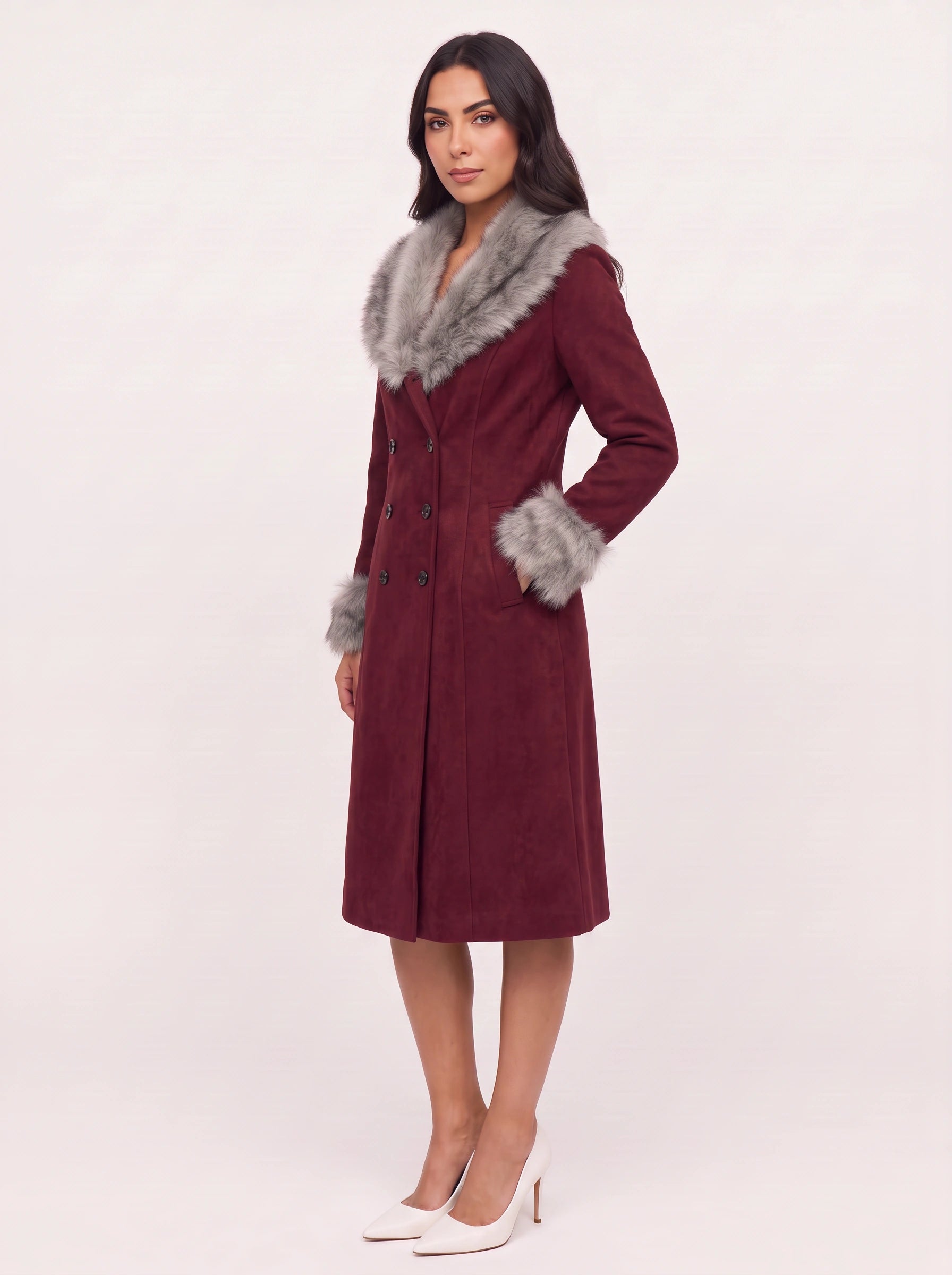 Borgrim Faux Fur Collar Double-Breasted Coat – Burgundy Wool Women Long Tailored Winter Vintage Fox Fur Collar Coat