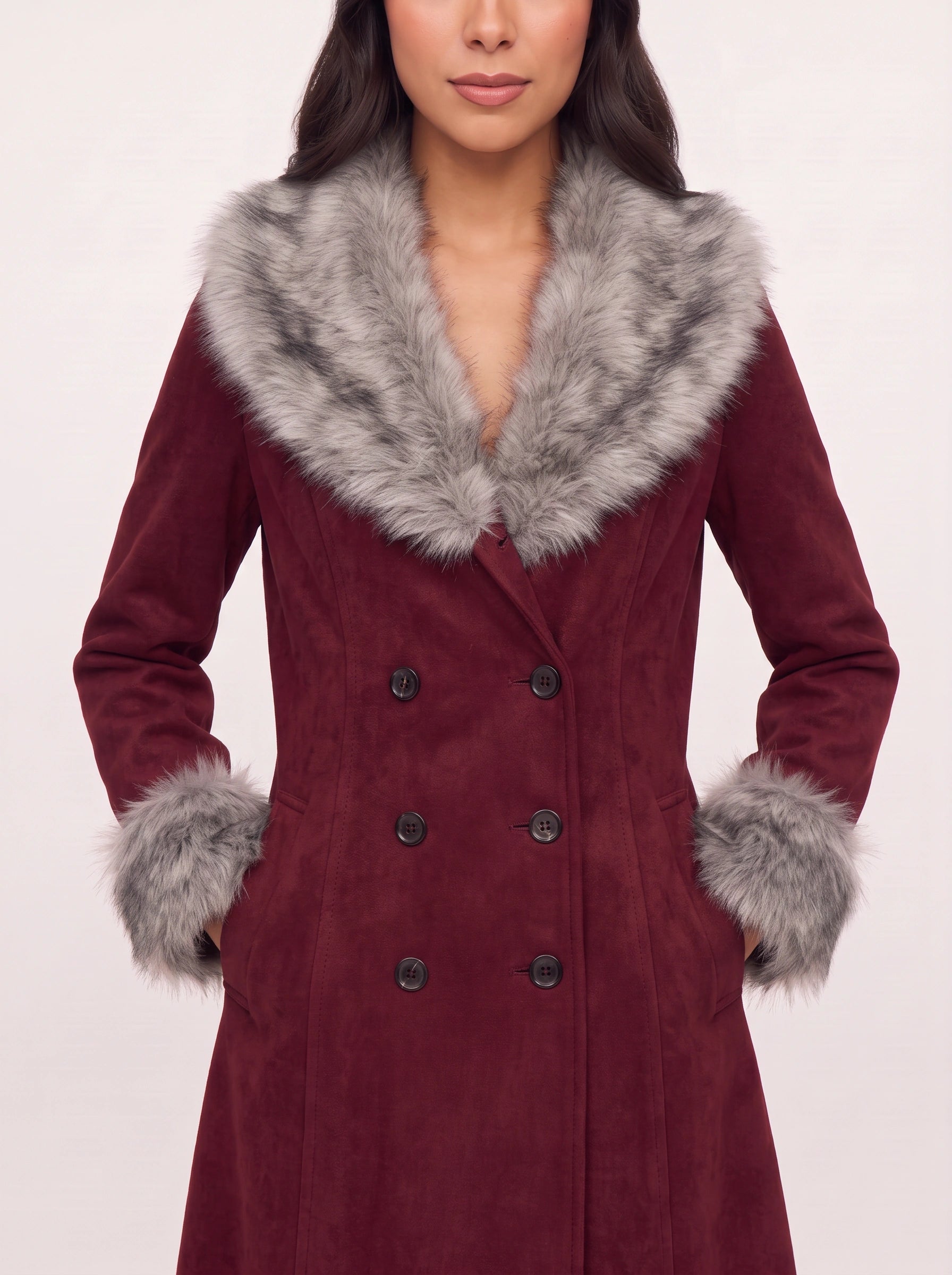 Borgrim Faux Fur Collar Double-Breasted Coat – Burgundy Wool Women Long Tailored Winter Vintage Fox Fur Collar Coat