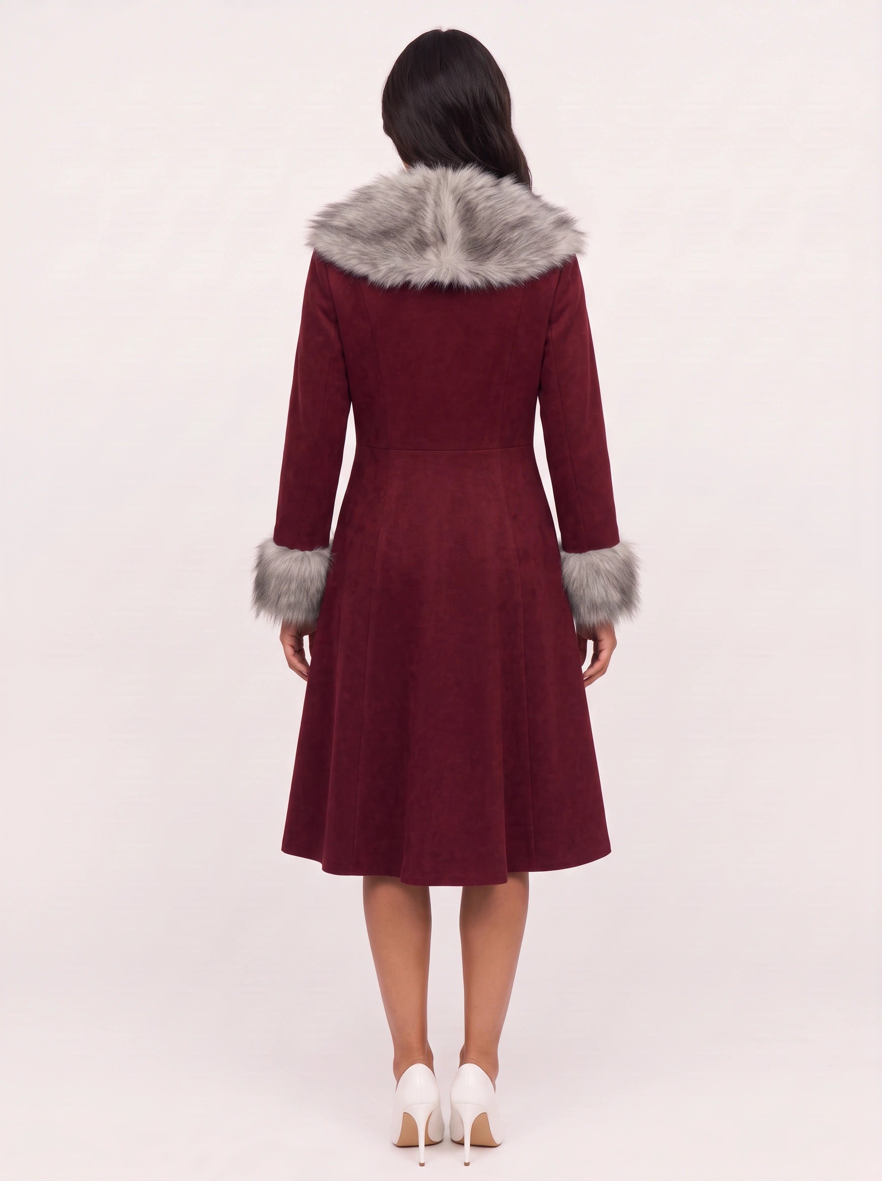 Borgrim Faux Fur Collar Double-Breasted Coat – Burgundy Wool Women Long Tailored Winter Vintage Fox Fur Collar Coat