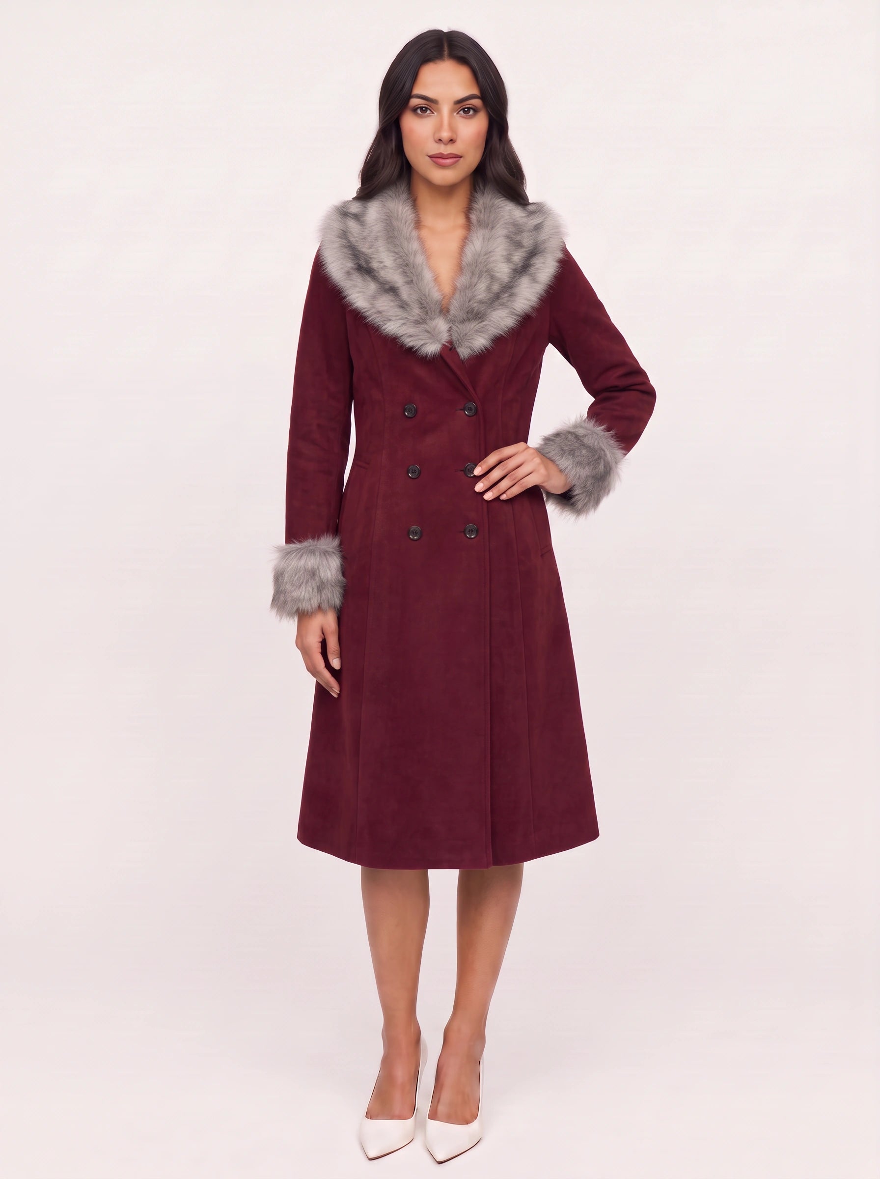 Borgrim Faux Fur Collar Double-Breasted Coat – Burgundy Wool Women Long Tailored Winter Vintage Fox Fur Collar Coat