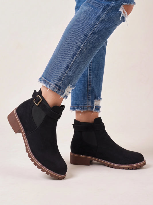 Bottines Chelsea Bucklow - Bottines noires en daim pour femme à semelle crantée et talon épais, pour l'automne