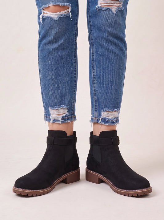 Bottines Chelsea Bucklow - Bottines noires en daim pour femme à semelle crantée et talon épais, pour l'automne