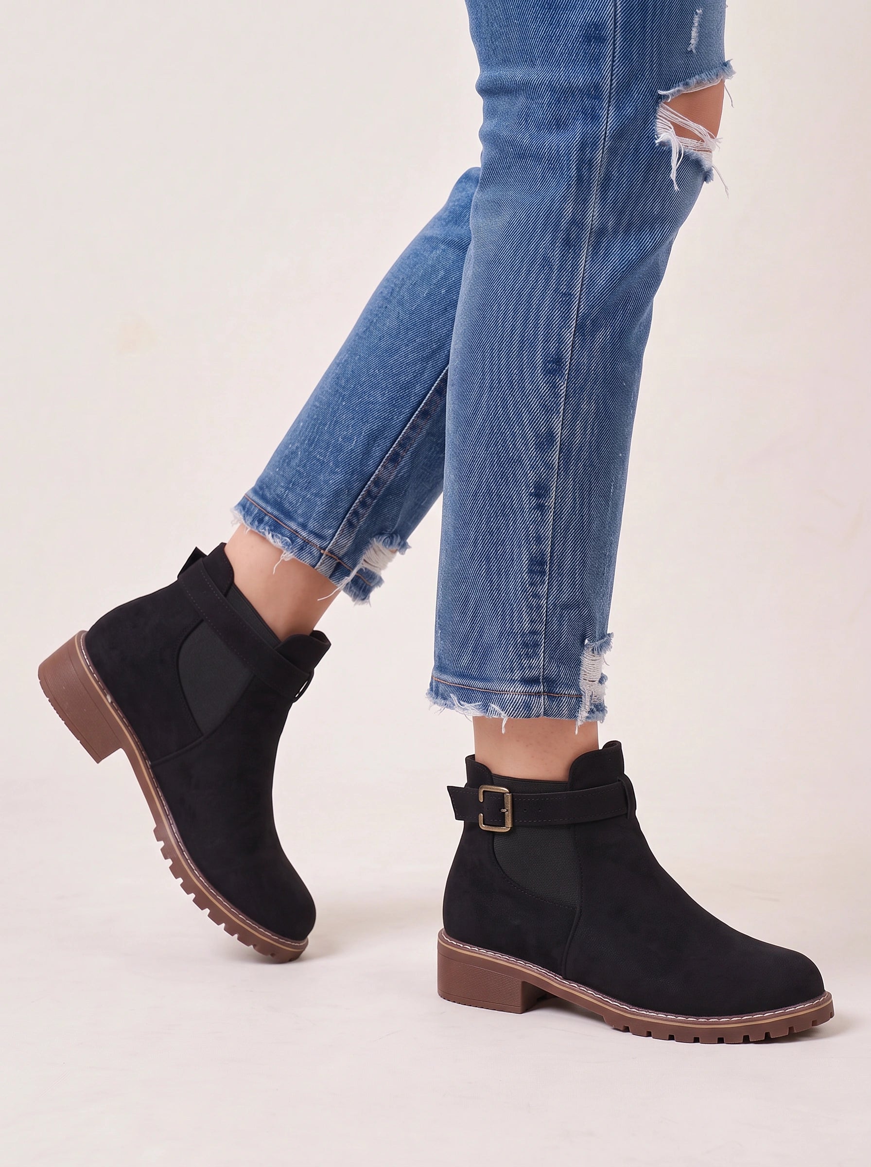Bottines Chelsea Bucklow - Bottines noires en daim pour femme à semelle crantée et talon épais, pour l'automne
