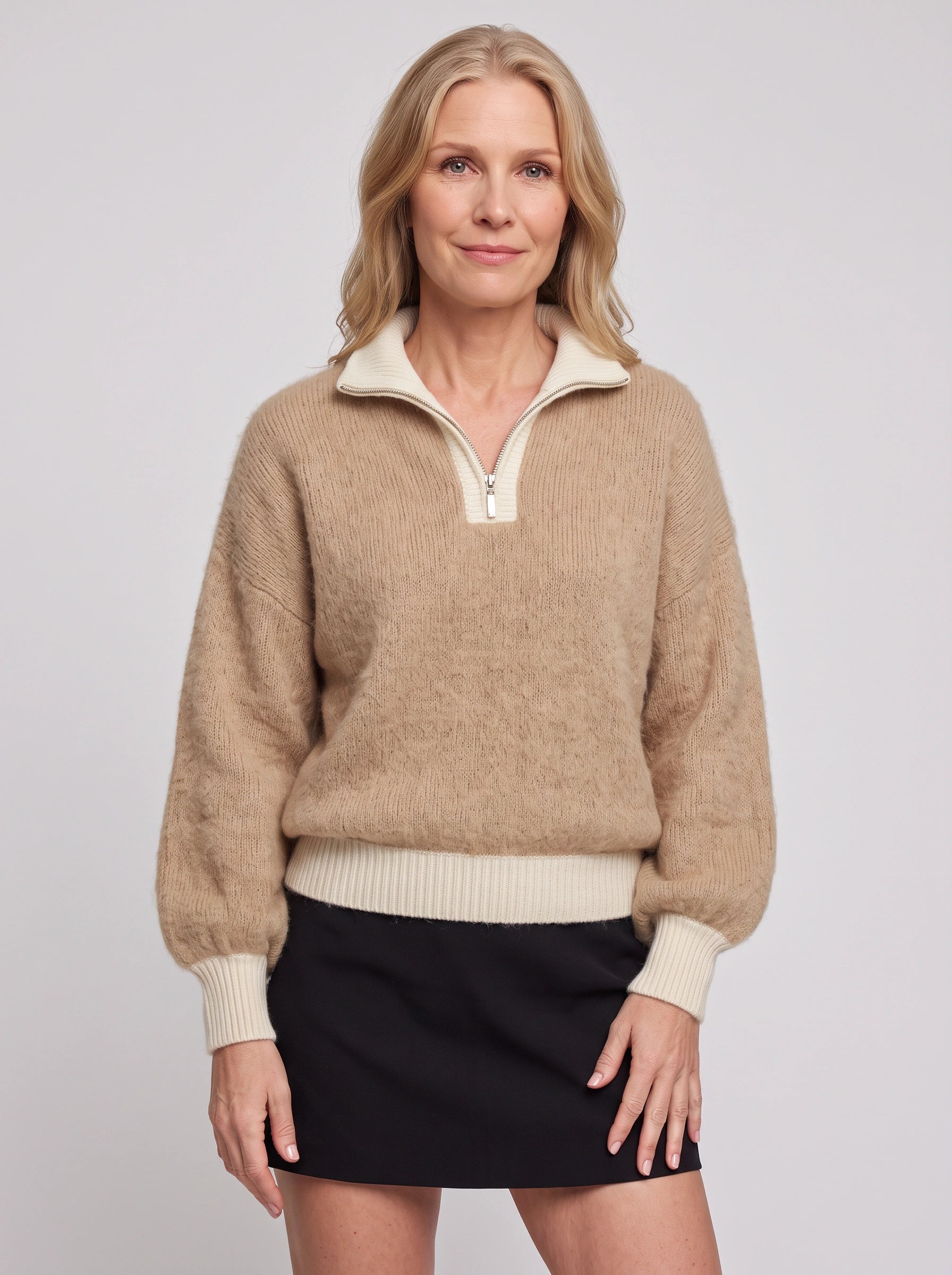 Pull en maille côtelée à demi-fermeture éclair Ribmont - pull d’automne décontracté et douillet pour femme, beige camel, coupe à enfiler
