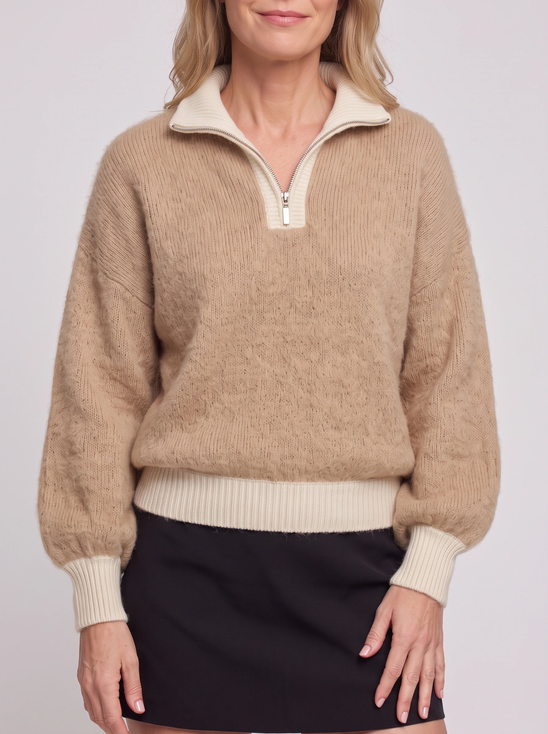 Pull en maille côtelée à demi-fermeture éclair Ribmont - pull d’automne décontracté et douillet pour femme, beige camel, coupe à enfiler