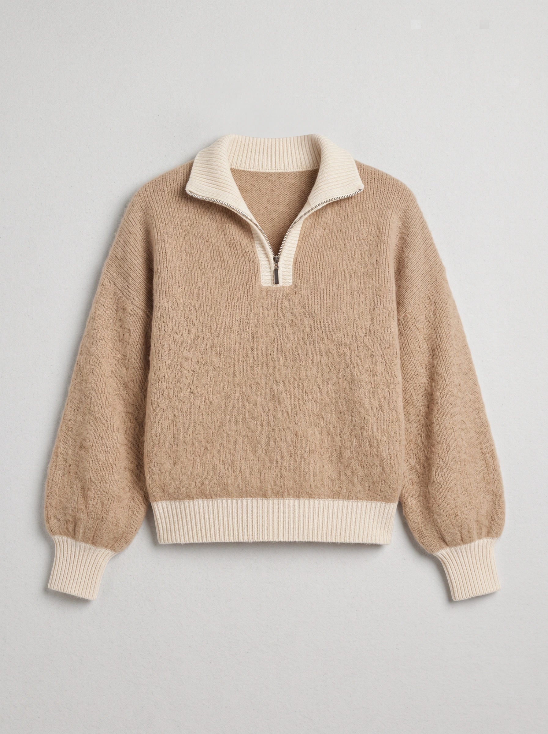 Pull en maille côtelée à demi-fermeture éclair Ribmont - pull d’automne décontracté et douillet pour femme, beige camel, coupe à enfiler