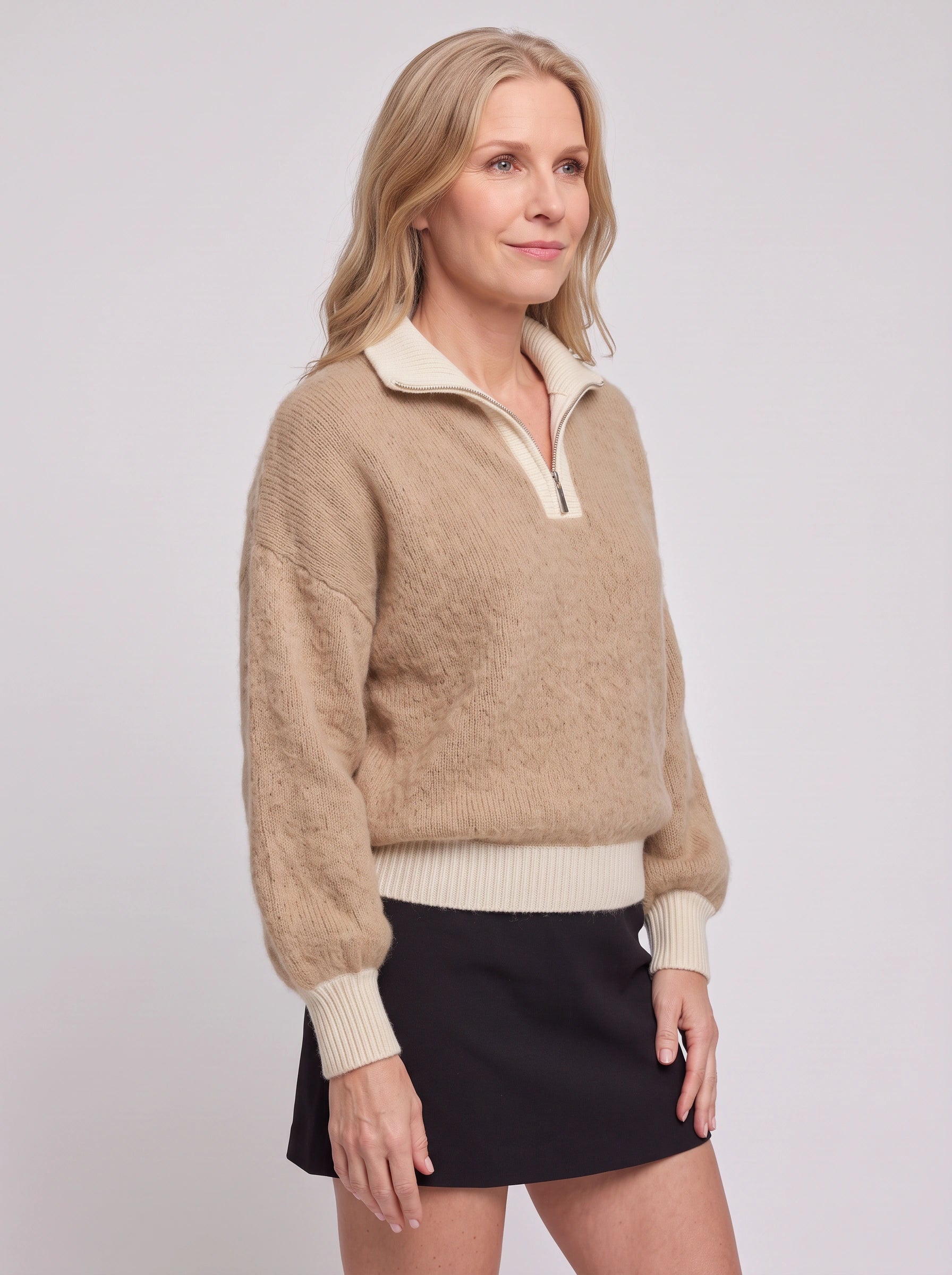 Pull en maille côtelée à demi-fermeture éclair Ribmont - pull d’automne décontracté et douillet pour femme, beige camel, coupe à enfiler