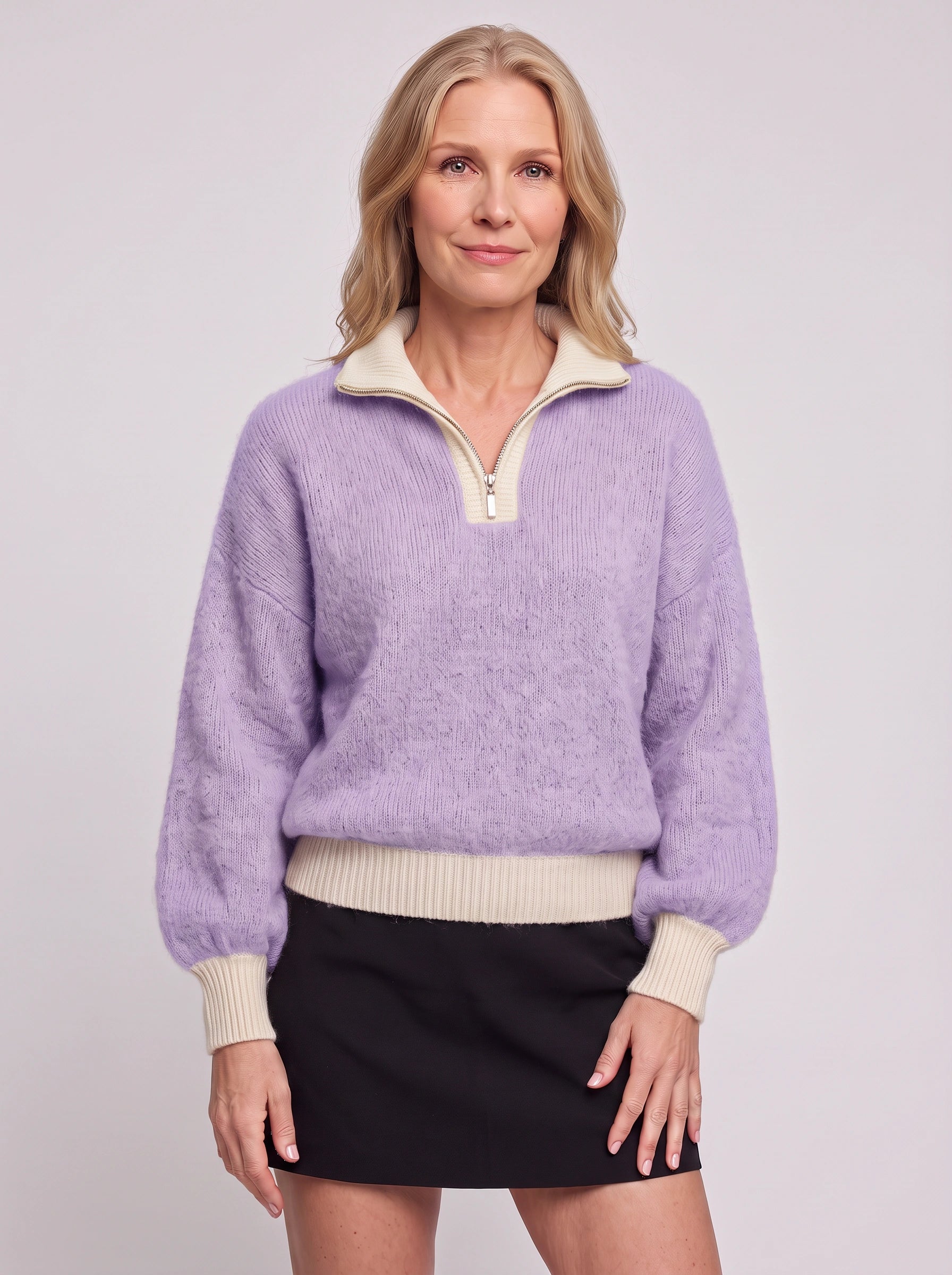 Pull en maille côtelée à demi-fermeture éclair Ribmont - pull d’automne décontracté et douillet pour femme, beige camel, coupe à enfiler