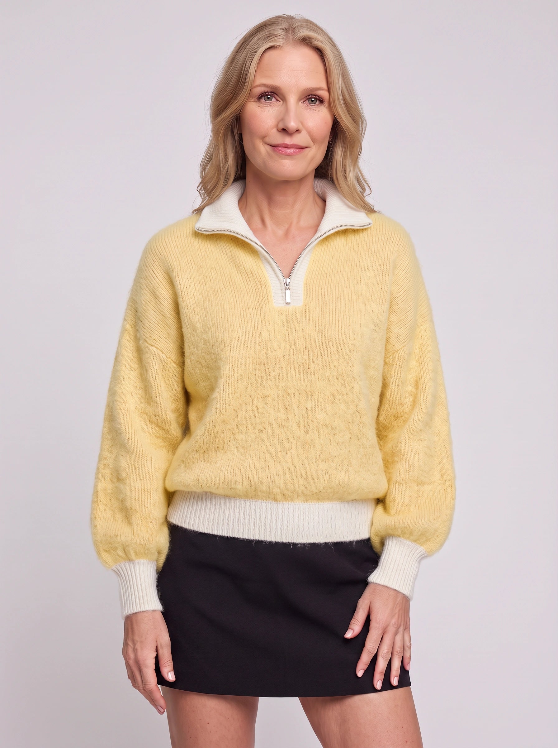 Pull en maille côtelée à demi-fermeture éclair Ribmont - pull d’automne décontracté et douillet pour femme, beige camel, coupe à enfiler
