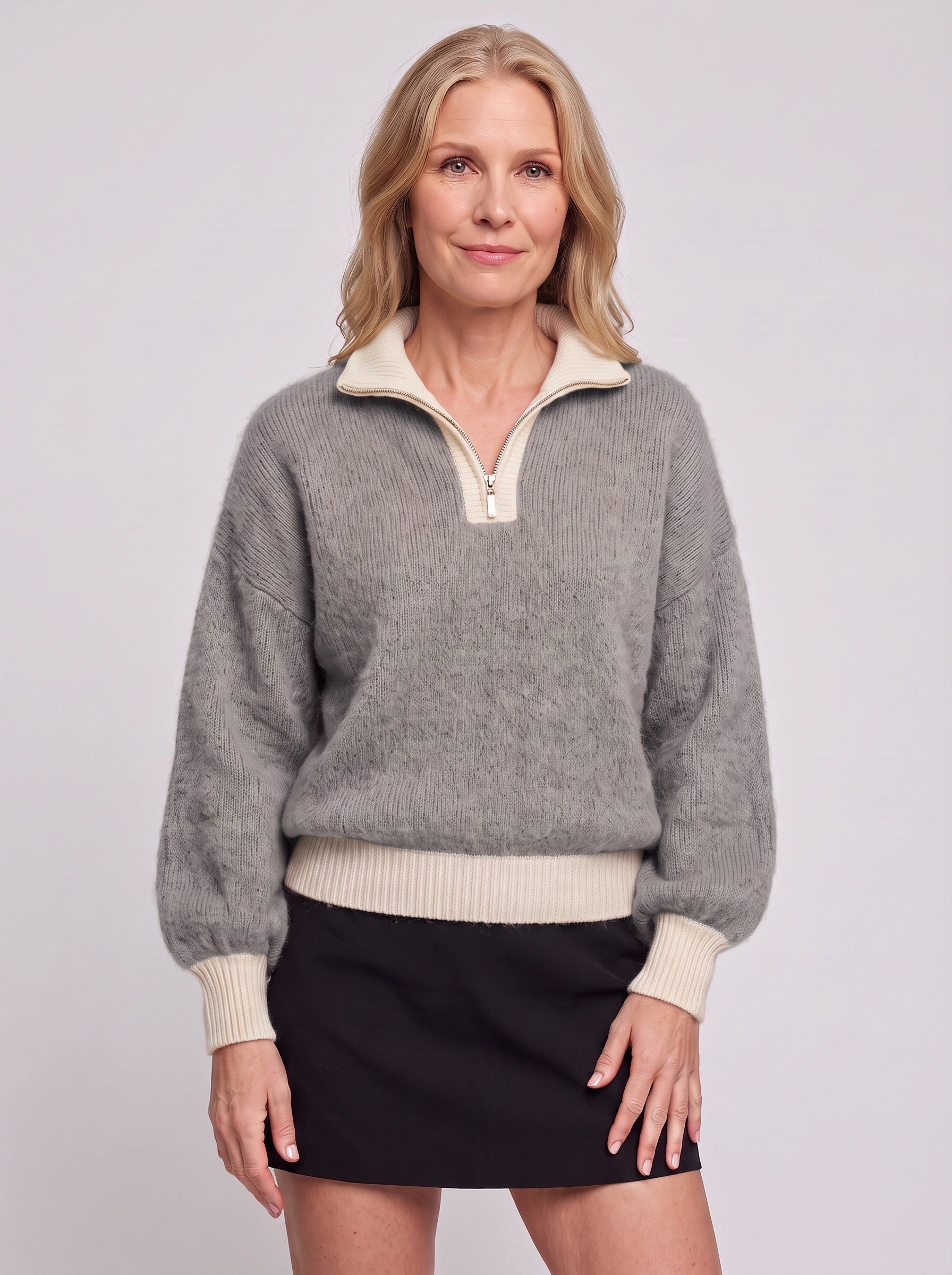 Pull en maille côtelée à demi-fermeture éclair Ribmont - pull d’automne décontracté et douillet pour femme, beige camel, coupe à enfiler