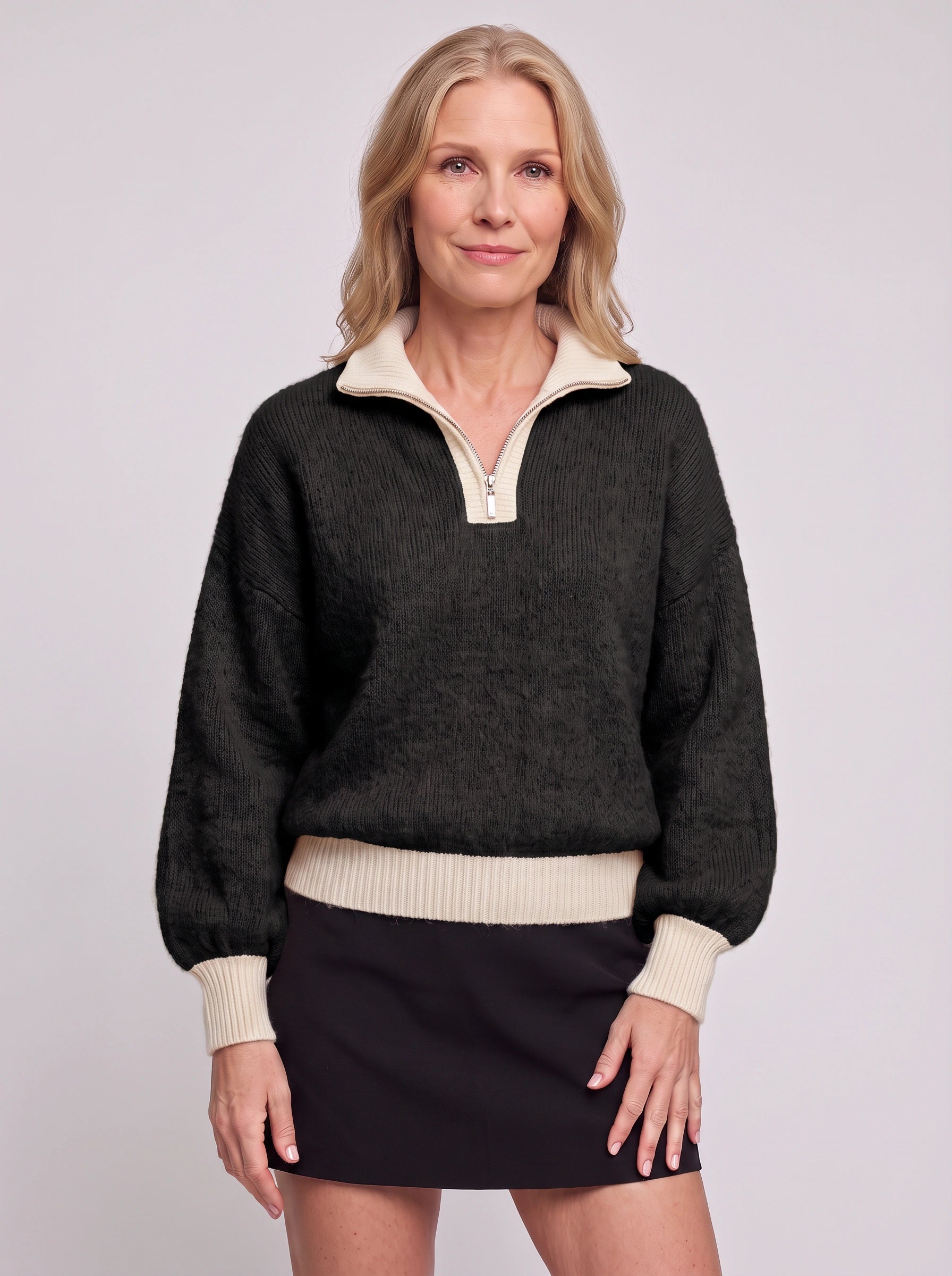 Pull en maille côtelée à demi-fermeture éclair Ribmont - pull d’automne décontracté et douillet pour femme, beige camel, coupe à enfiler
