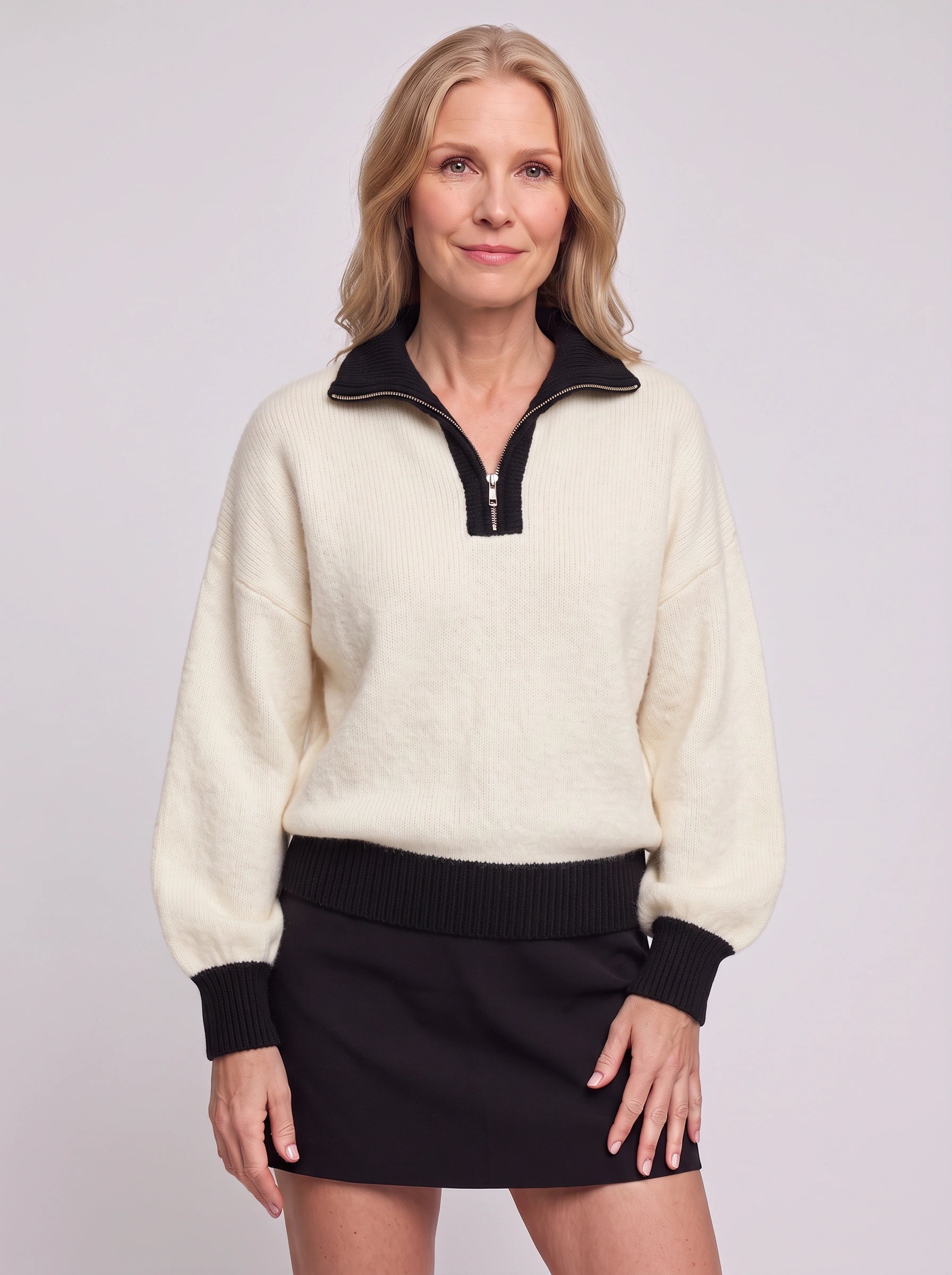 Pull en maille côtelée à demi-fermeture éclair Ribmont - pull d’automne décontracté et douillet pour femme, beige camel, coupe à enfiler
