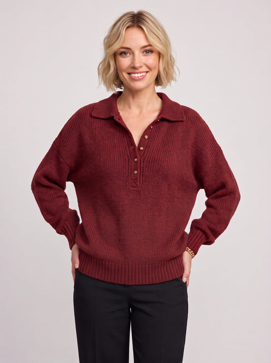 Grenata Ribbed Polo Sweater – Women Burgundy Fall Knit Collared Button Placket Relaxed Pullover Top