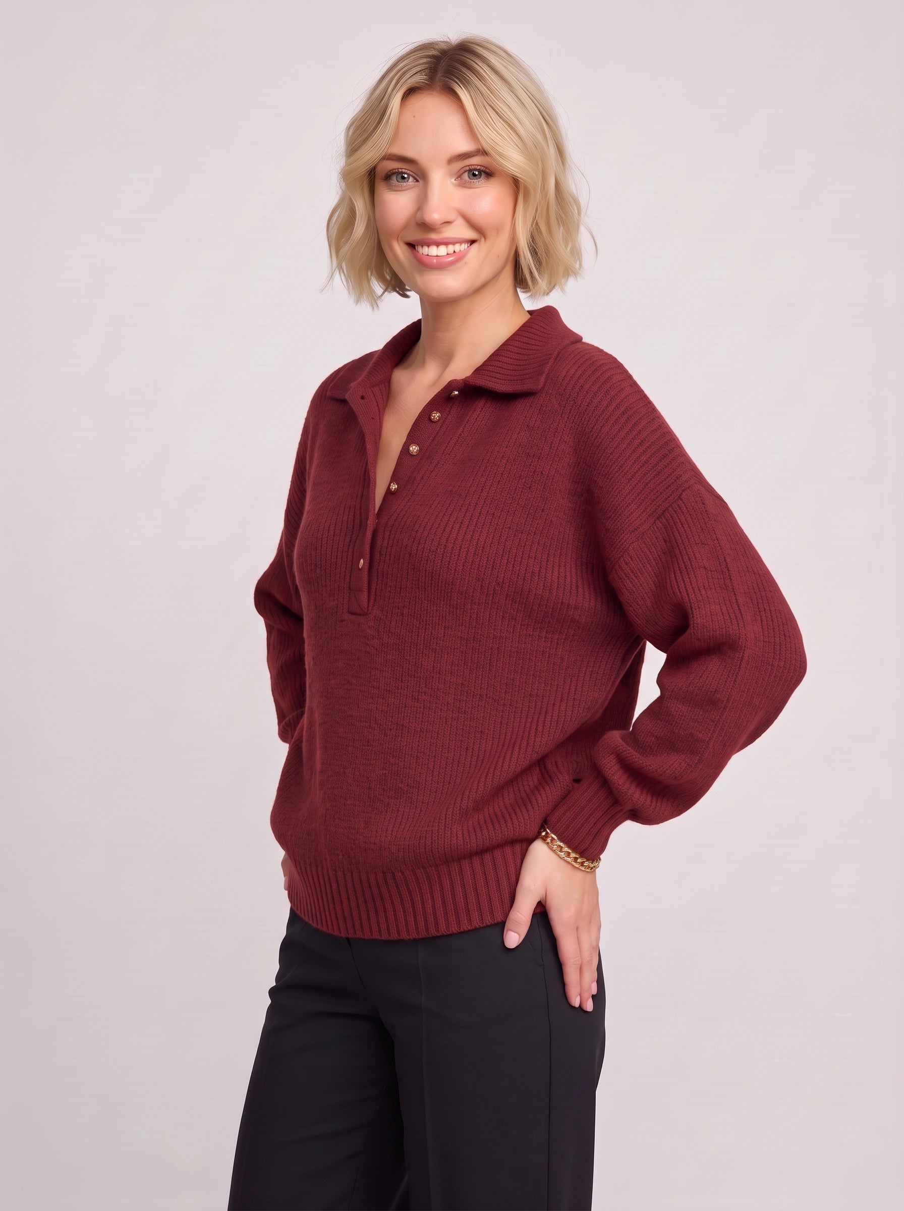 Pull polo en maille côtelée Grenata - haut à enfiler décontracté pour femme, bordeaux, col à boutons, pull d’automne
