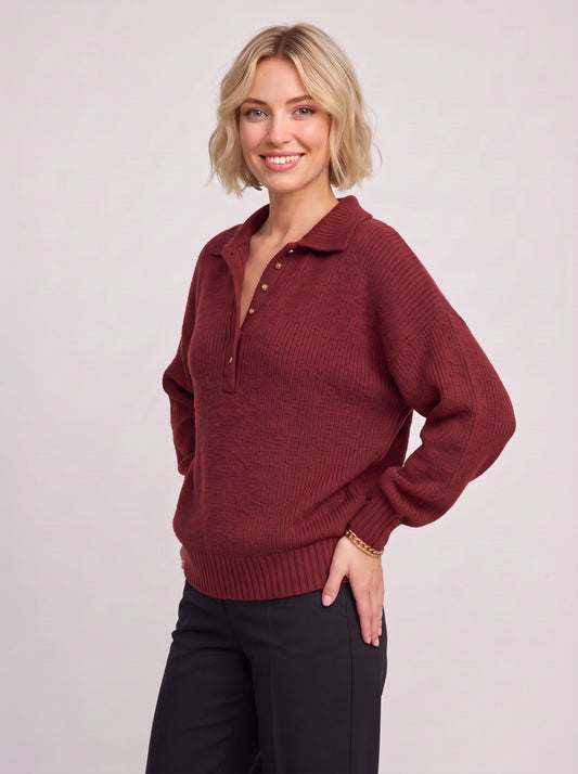 Grenata Ribbed Polo Sweater – Women Burgundy Fall Knit Collared Button Placket Relaxed Pullover Top