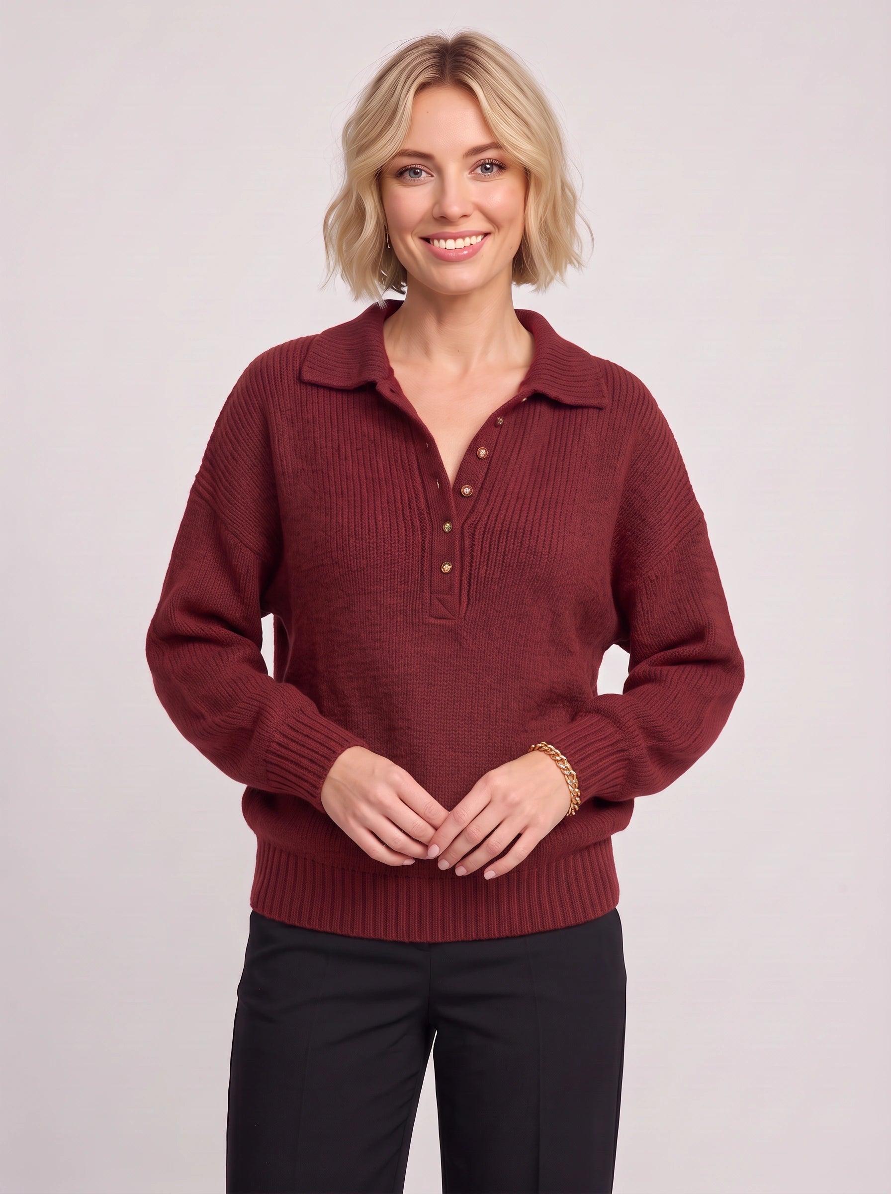 Pull polo en maille côtelée Grenata - haut à enfiler décontracté pour femme, bordeaux, col à boutons, pull d’automne
