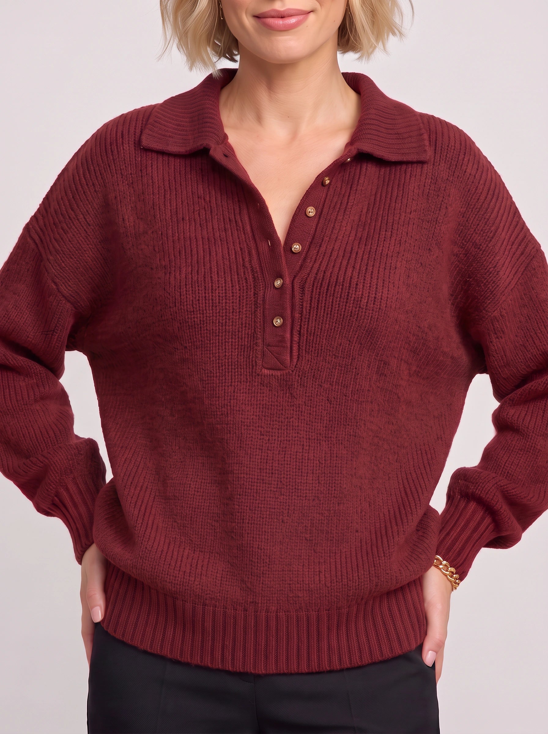 Pull polo en maille côtelée Grenata - haut à enfiler décontracté pour femme, bordeaux, col à boutons, pull d’automne