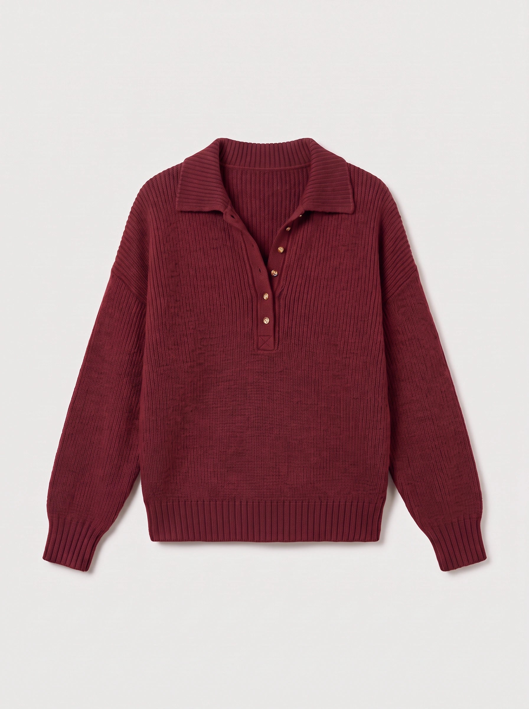 Pull polo en maille côtelée Grenata - haut à enfiler décontracté pour femme, bordeaux, col à boutons, pull d’automne