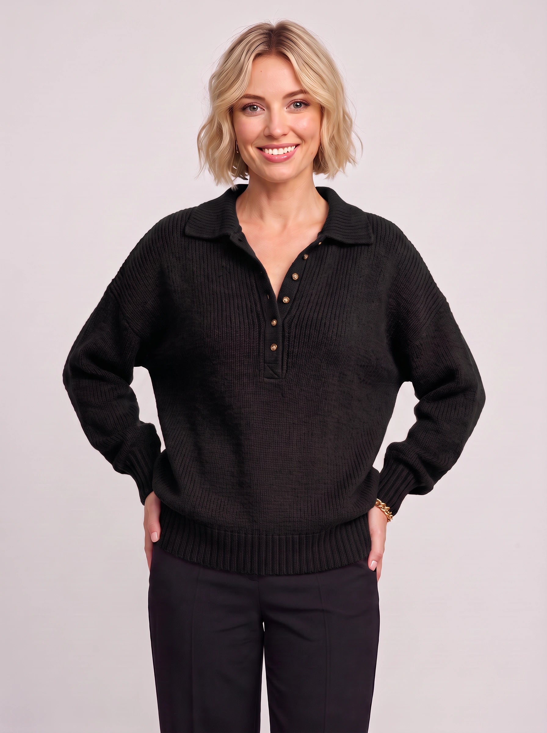 Pull polo en maille côtelée Grenata - haut à enfiler décontracté pour femme, bordeaux, col à boutons, pull d’automne