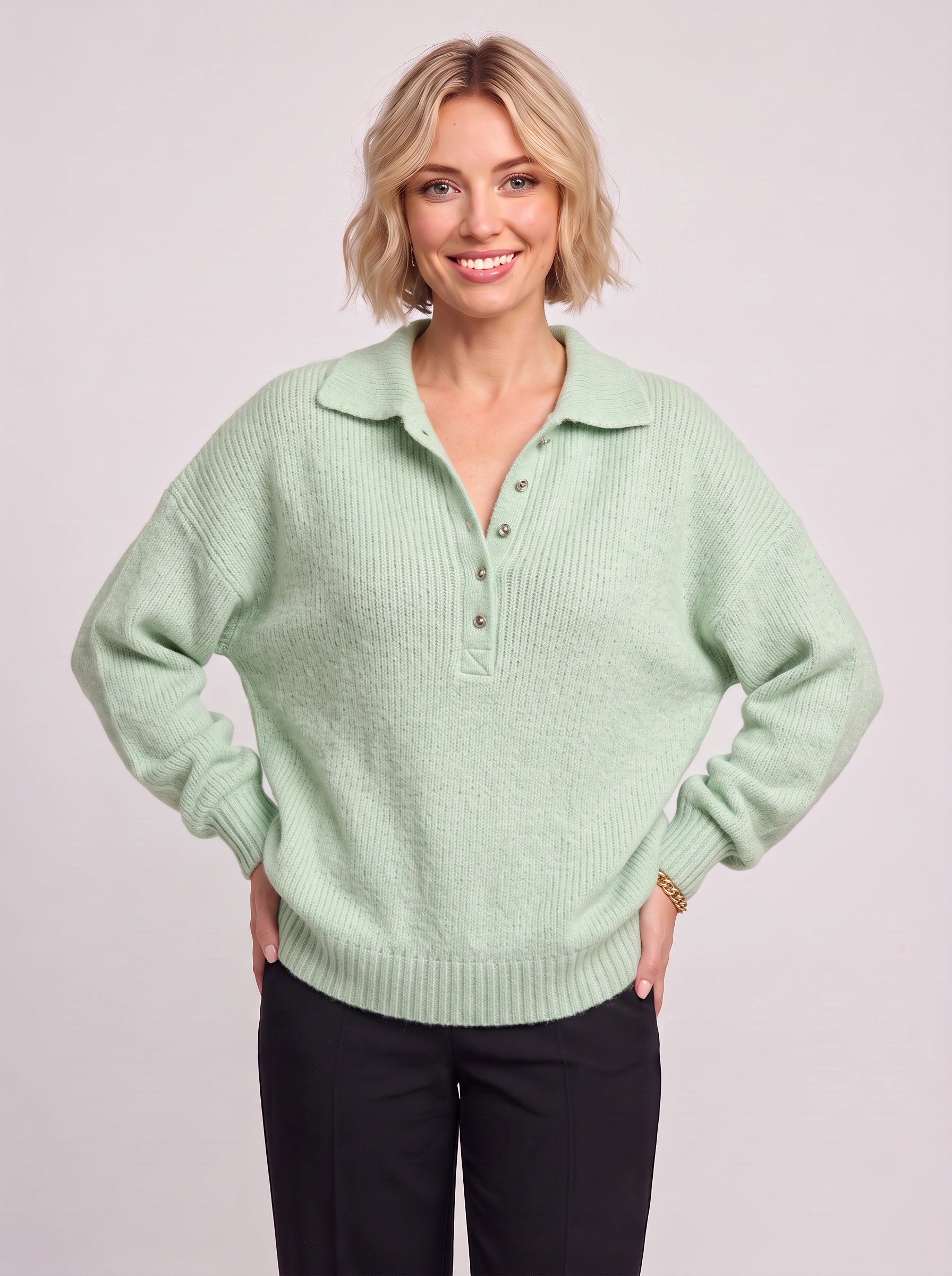 Pull polo en maille côtelée Grenata - haut à enfiler décontracté pour femme, bordeaux, col à boutons, pull d’automne