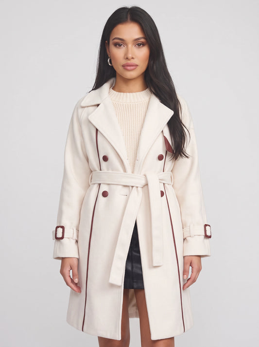 Bordeaux Belted Trench Coat – Cream Trench Coat Womens Fall Double-Breasted Contrast Piping Longline Jacket