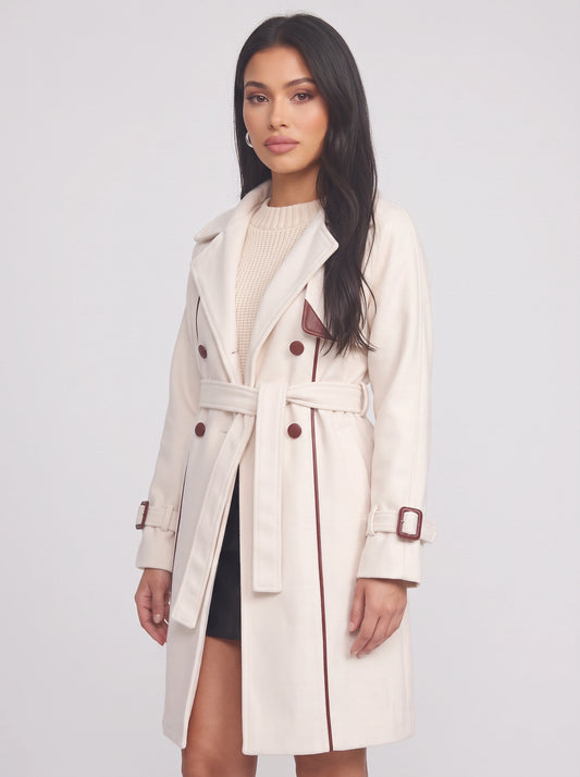 Bordeaux Belted Trench Coat – Cream Trench Coat Womens Fall Double-Breasted Contrast Piping Longline Jacket