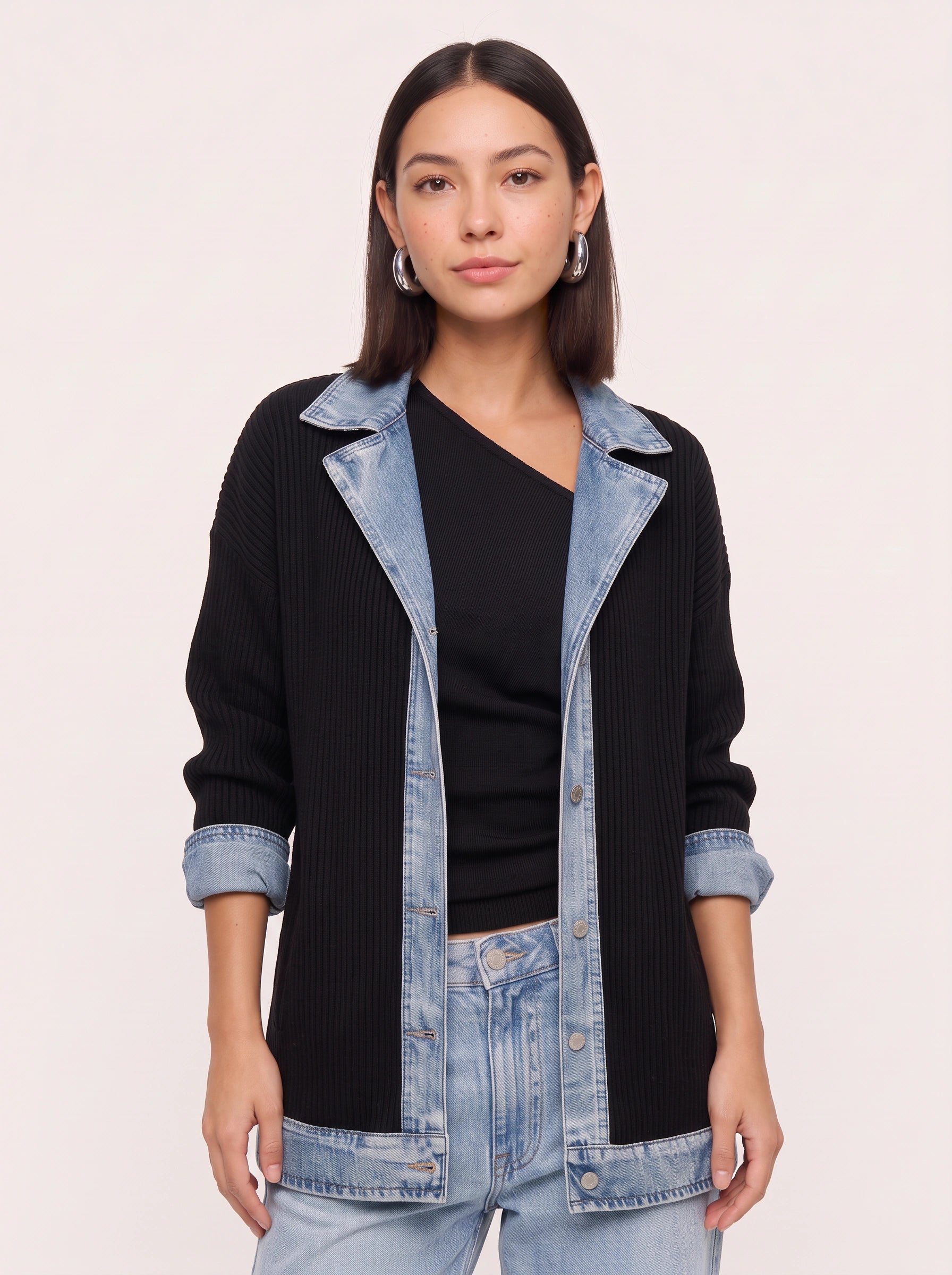 Cardigan long en maille côtelée bordé de denim Crestrim - cardigan noir pour femme, pull d’automne décontracté, style streetwear