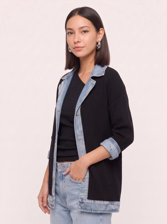Crestrim Ribbed Denim-Trim Longline Cardigan – Black Cardigan Women Fall Sweater Casual Streetwear