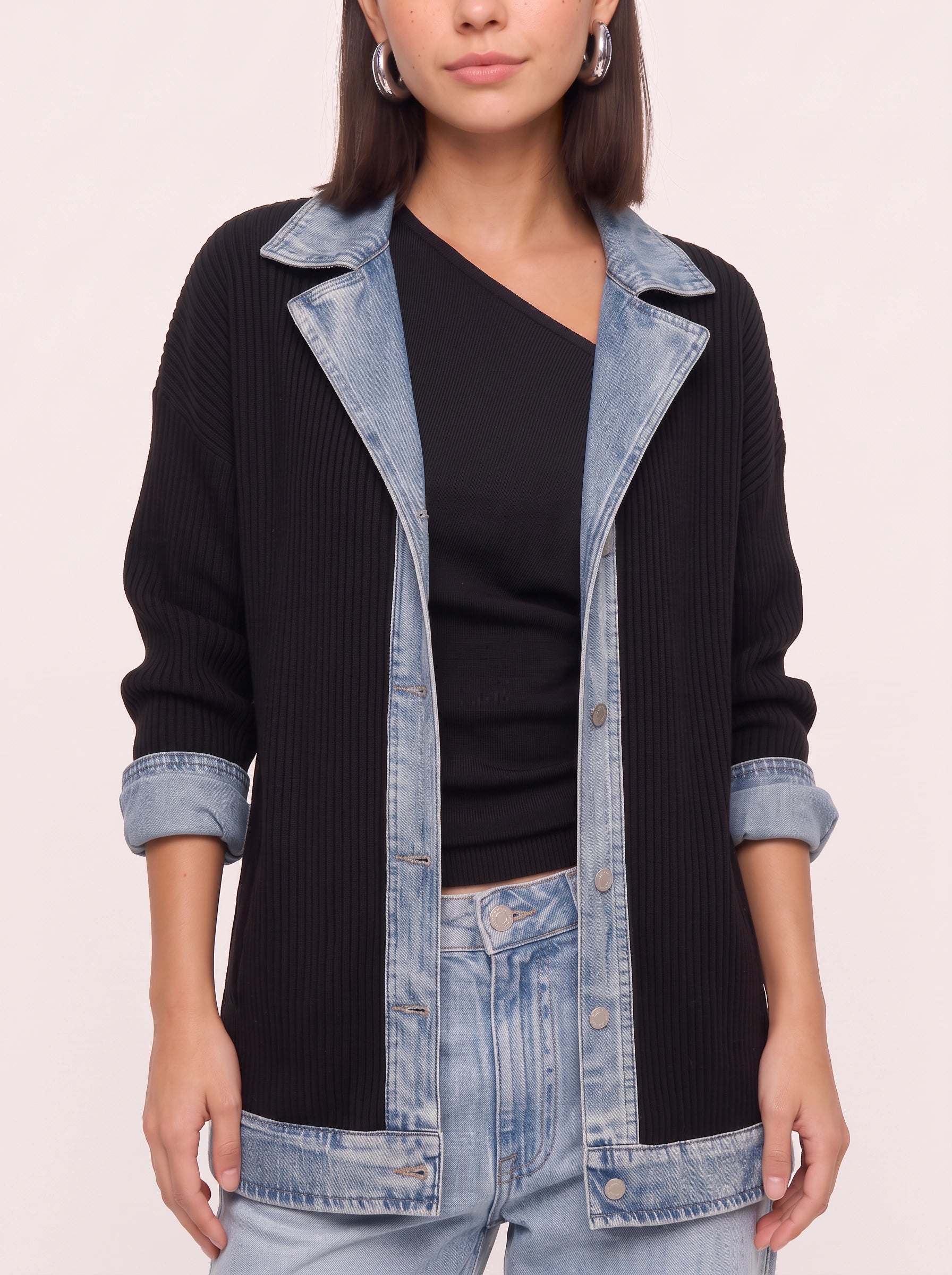 Cardigan long en maille côtelée bordé de denim Crestrim - cardigan noir pour femme, pull d’automne décontracté, style streetwear