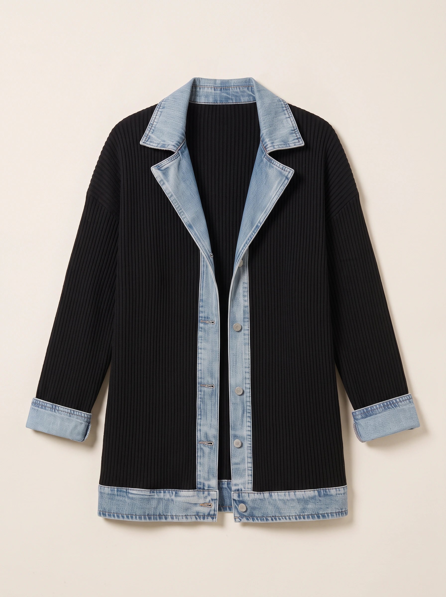 Cardigan long en maille côtelée bordé de denim Crestrim - cardigan noir pour femme, pull d’automne décontracté, style streetwear