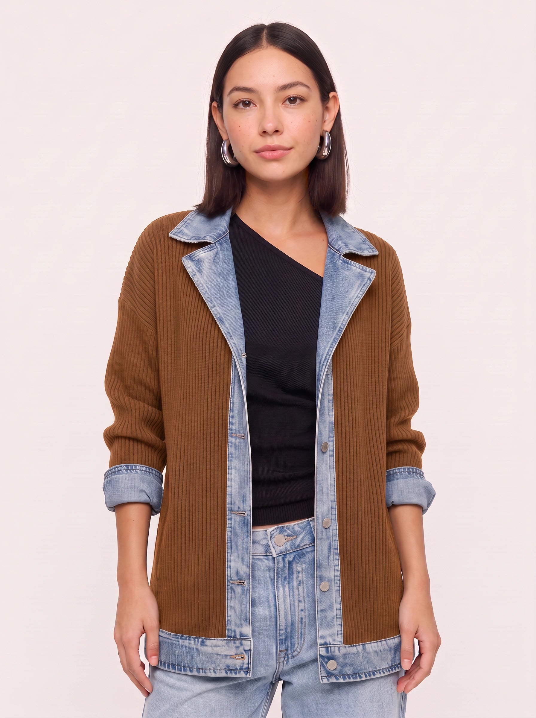 Cardigan long en maille côtelée bordé de denim Crestrim - cardigan noir pour femme, pull d’automne décontracté, style streetwear