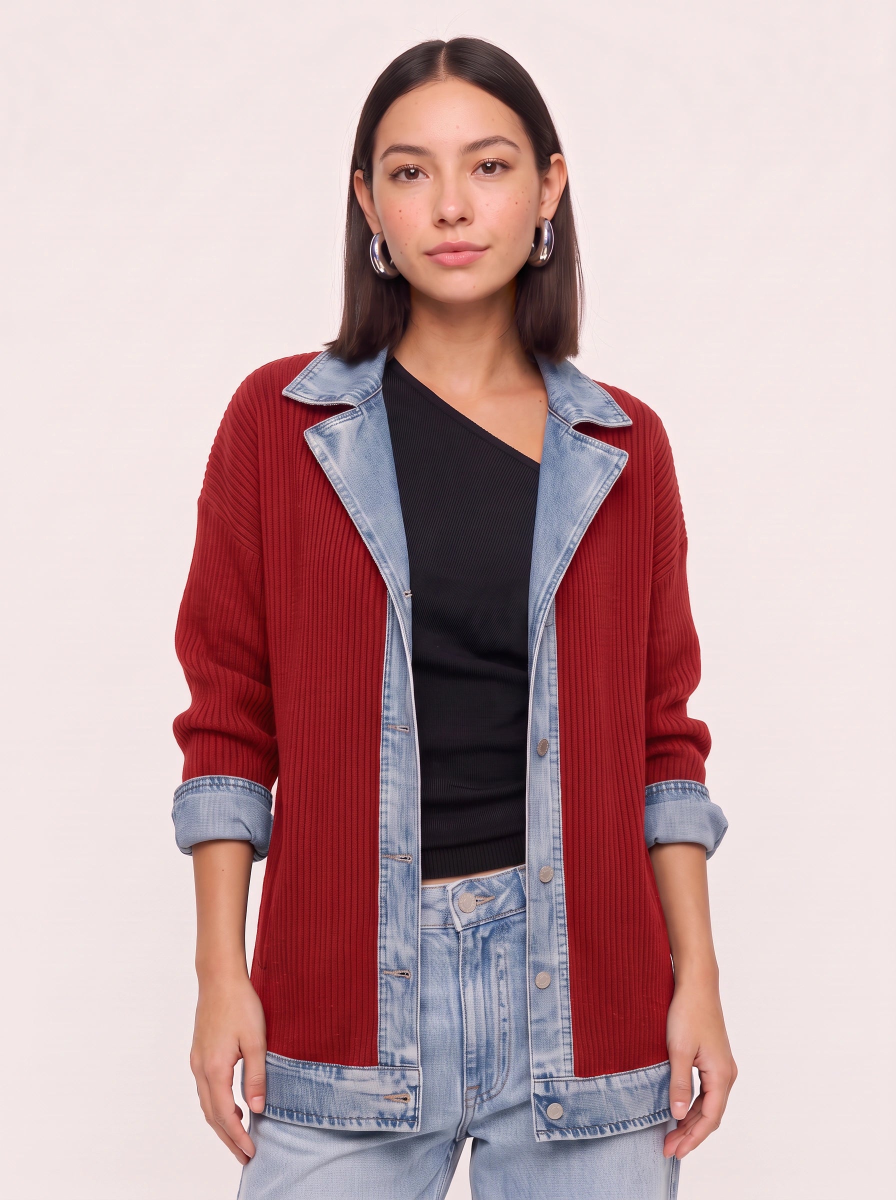 Cardigan long en maille côtelée bordé de denim Crestrim - cardigan noir pour femme, pull d’automne décontracté, style streetwear