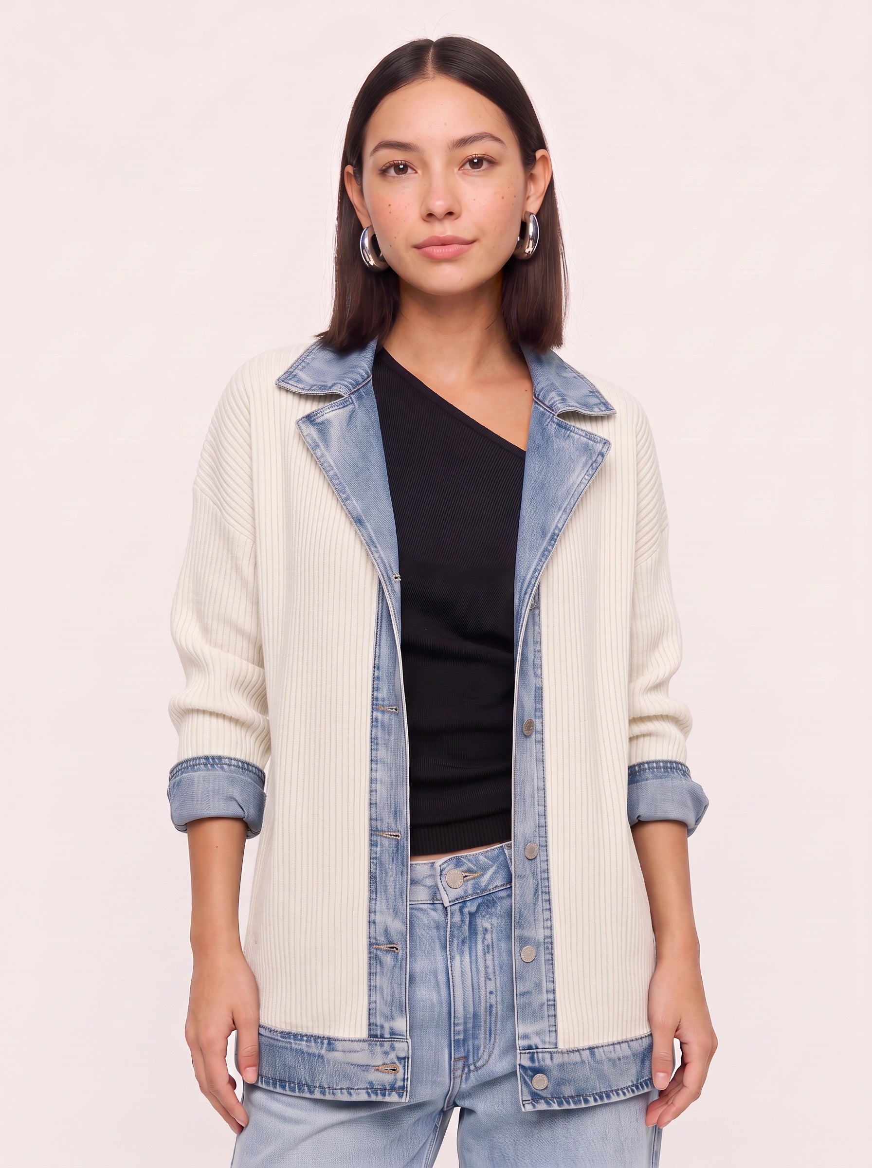 Cardigan long en maille côtelée bordé de denim Crestrim - cardigan noir pour femme, pull d’automne décontracté, style streetwear