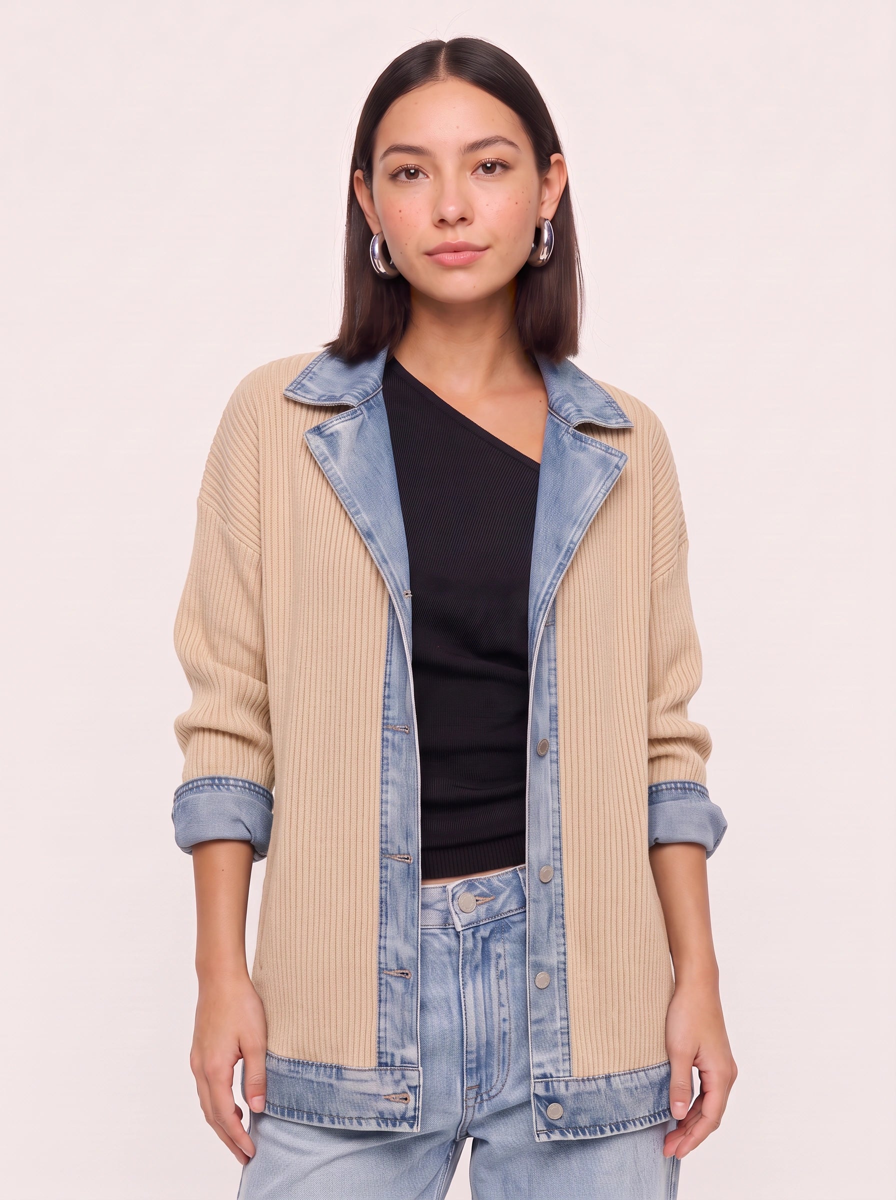 Cardigan long en maille côtelée bordé de denim Crestrim - cardigan noir pour femme, pull d’automne décontracté, style streetwear