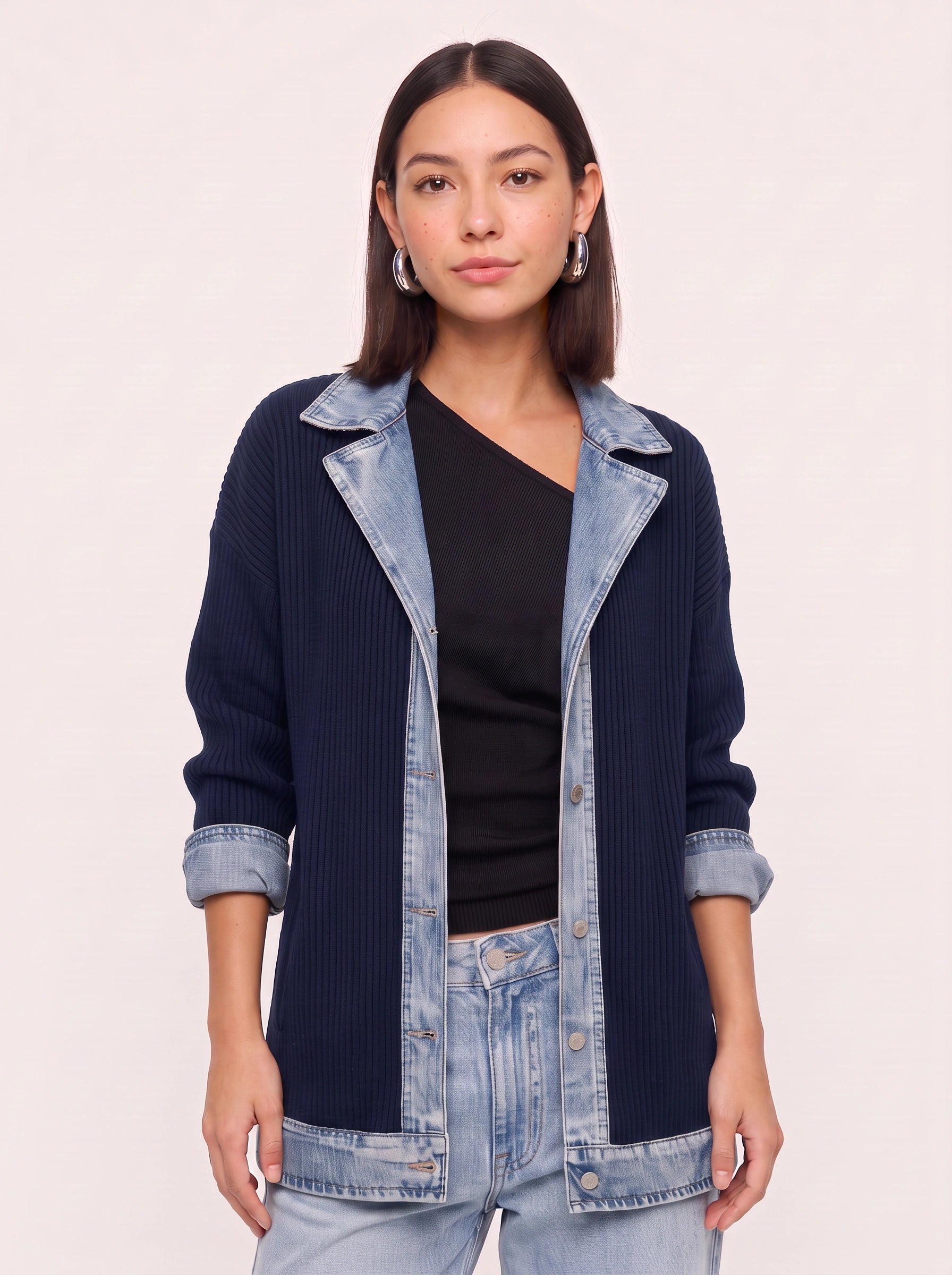 Cardigan long en maille côtelée bordé de denim Crestrim - cardigan noir pour femme, pull d’automne décontracté, style streetwear
