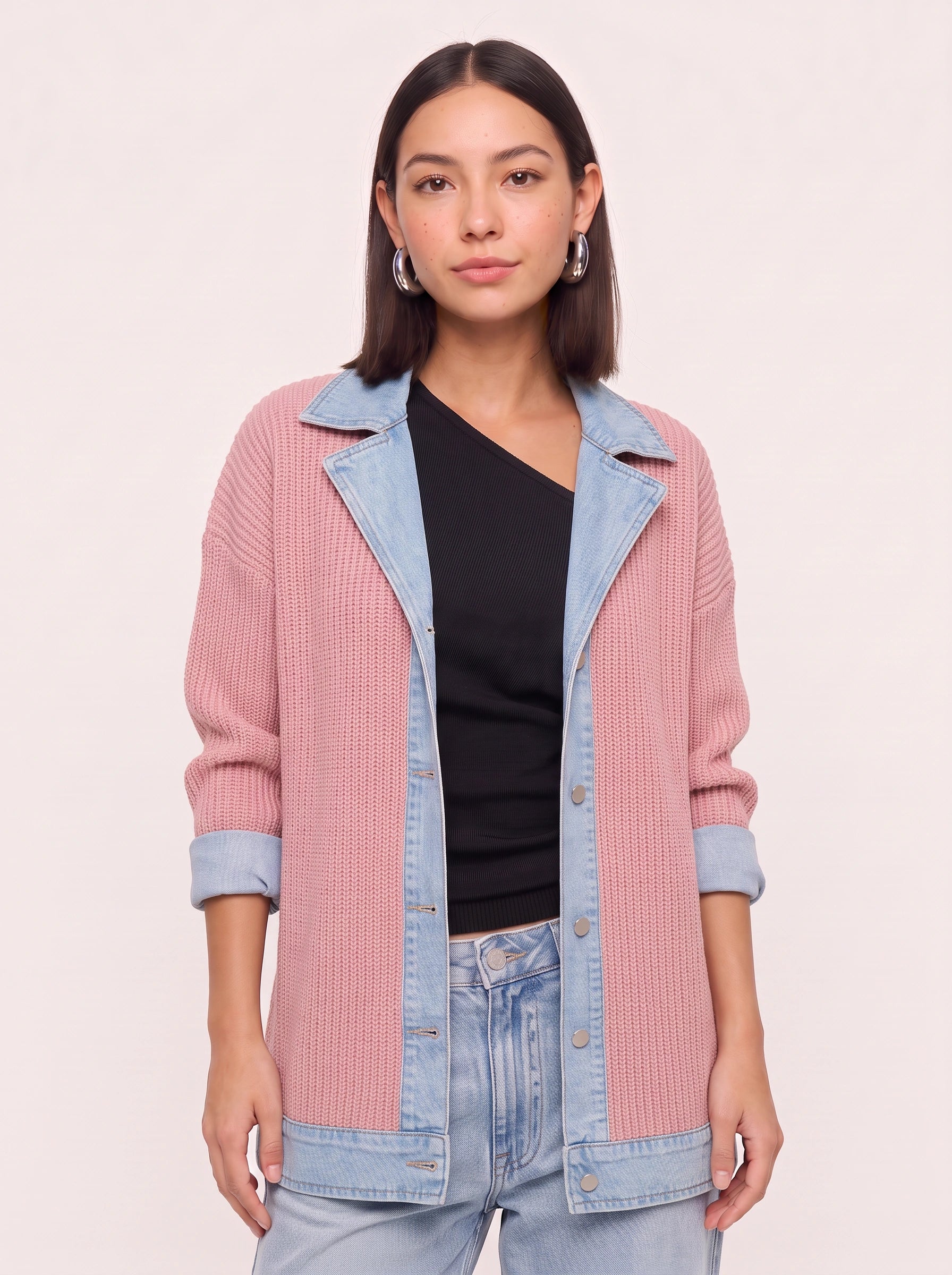 Cardigan long en maille côtelée bordé de denim Crestrim - cardigan noir pour femme, pull d’automne décontracté, style streetwear