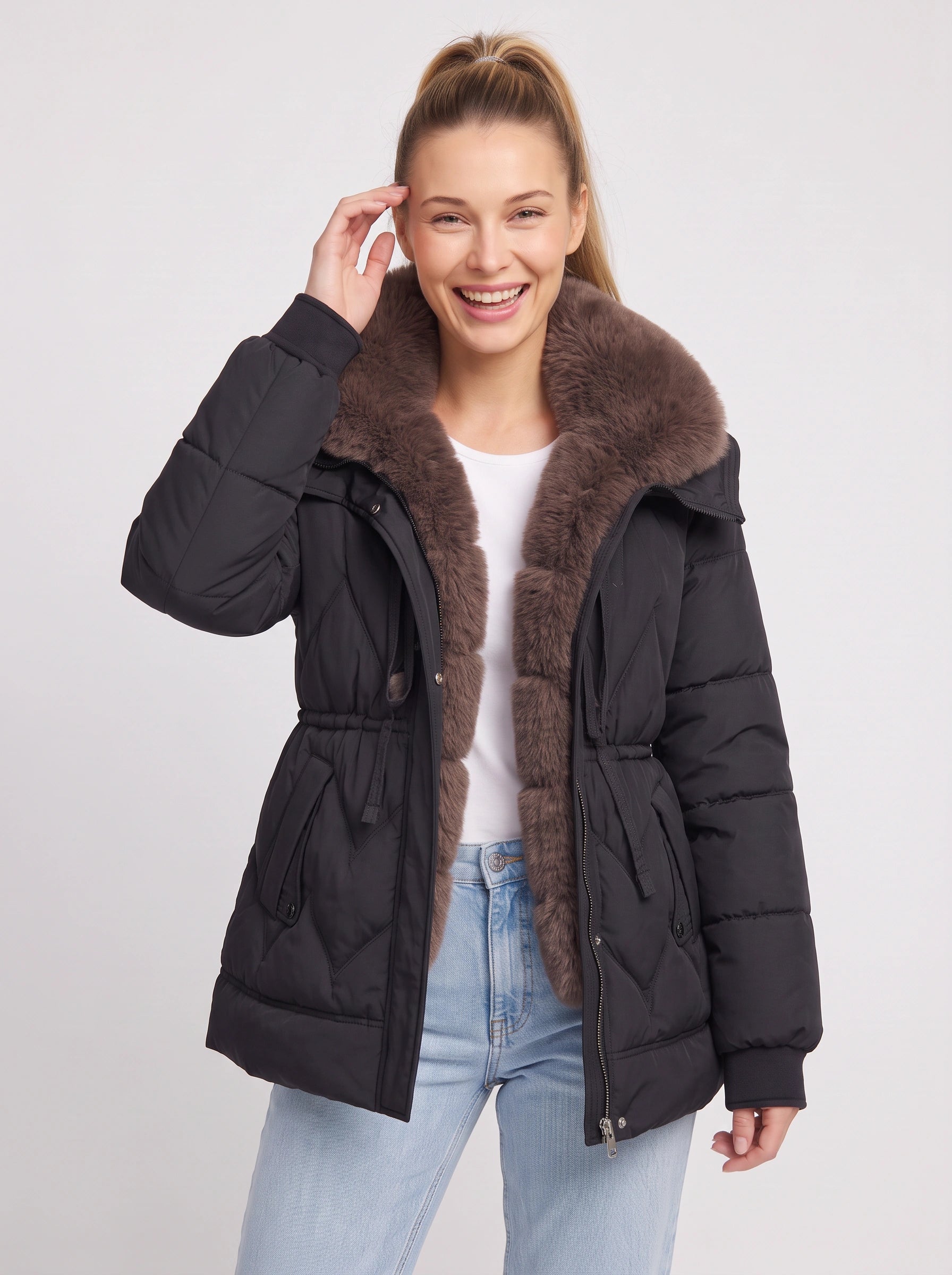 Doudoune ceinturée en fourrure Furmont - manteau noir pour femme, col en fausse fourrure, veste matelassée d’hiver