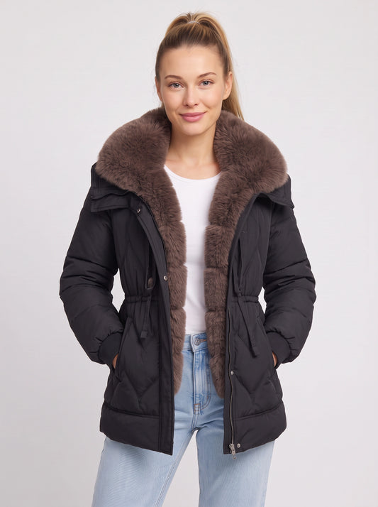 Furmont Belted Puffer Jacket – Black Puffer Coat Women Faux Fur Collar Quilted Winter Ladies Puffer Jacket