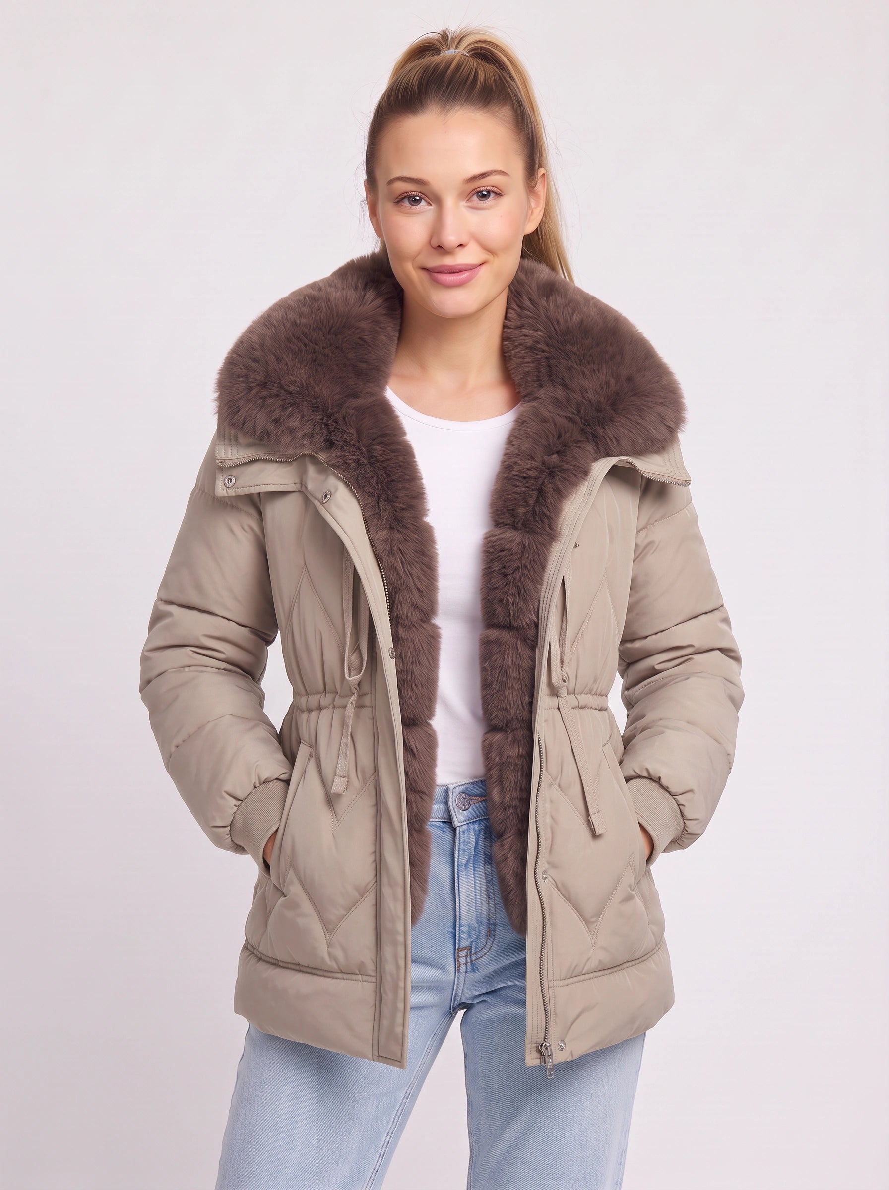 Doudoune ceinturée en fourrure Furmont - manteau noir pour femme, col en fausse fourrure, veste matelassée d’hiver