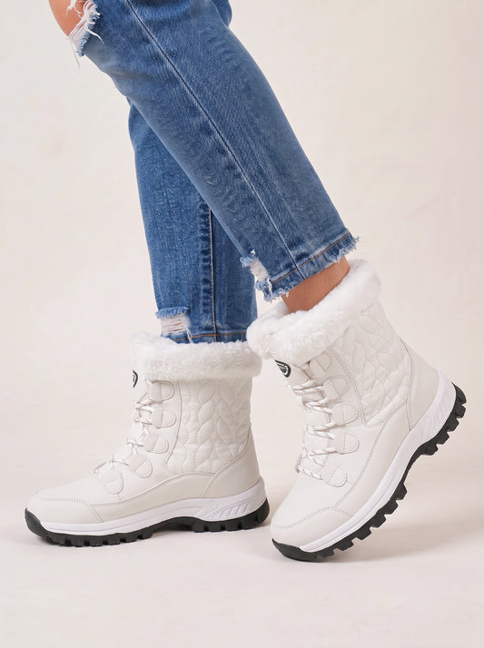 Quiltwarm Faux Fur Snow Boots – White Waterproof Winter Boots Women Lace-Up Ankle Snow Boot