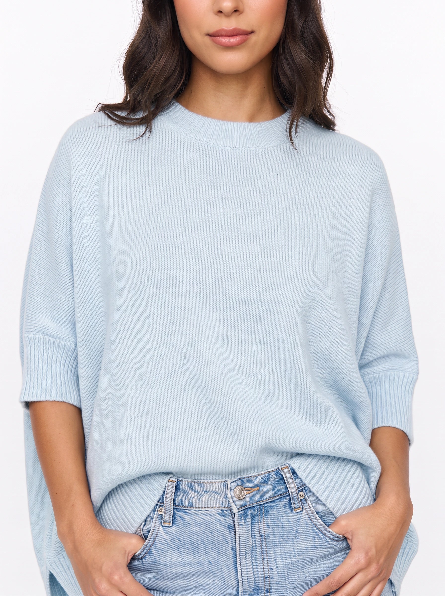 Pull oversize en maille Cielsof - pulls d’automne décontractés pour femme, pull oversize bleu ciel en maille côtelée