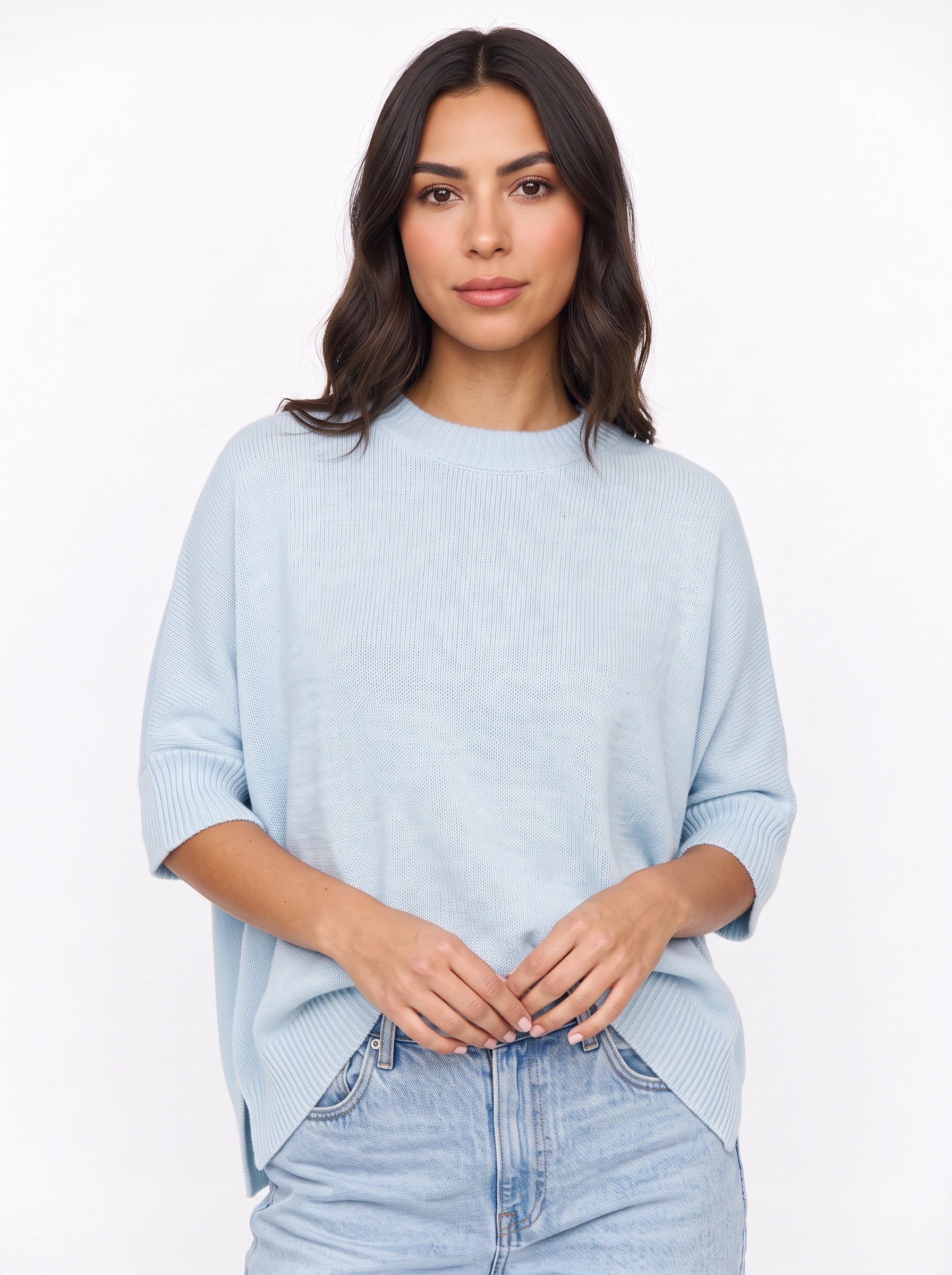 Pull oversize en maille Cielsof - pulls d’automne décontractés pour femme, pull oversize bleu ciel en maille côtelée