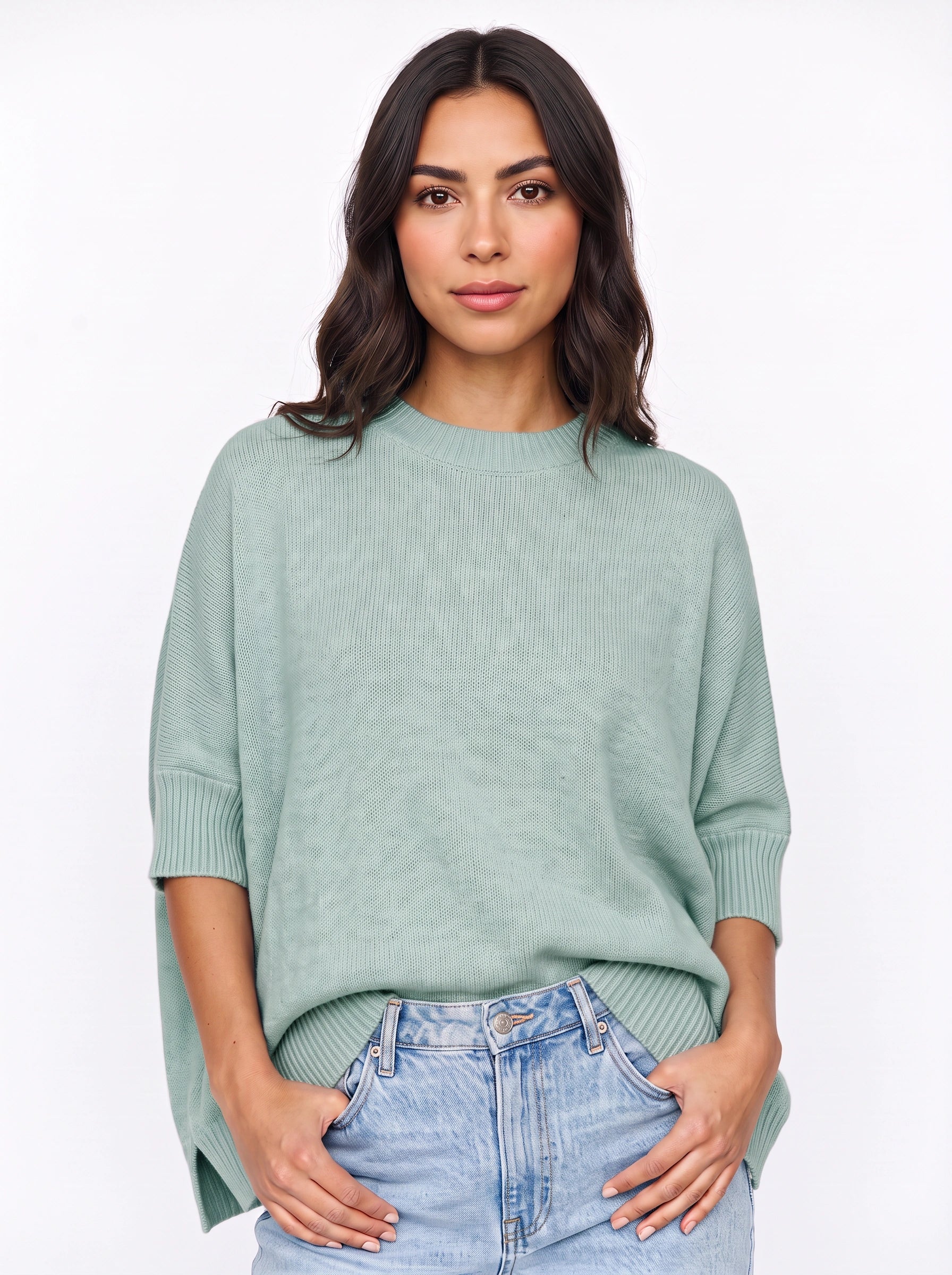 Pull oversize en maille Cielsof - pulls d’automne décontractés pour femme, pull oversize bleu ciel en maille côtelée