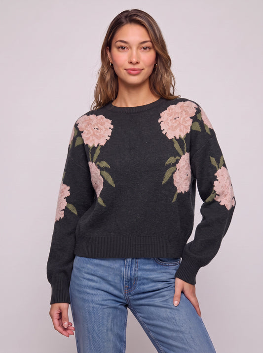 Peona Floral Knit Sweater – Black Crewneck Pullover Women Oversized Fall Casual Loose Knit Sweater