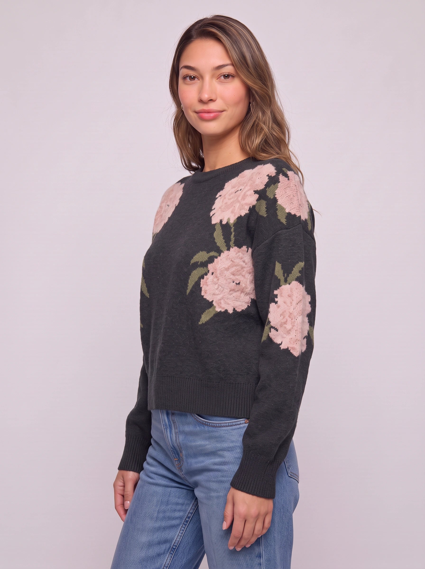 Pull en maille à motifs floraux Peona - pull noir à col rond pour femme, coupe oversize, pull d’automne décontracté et ample