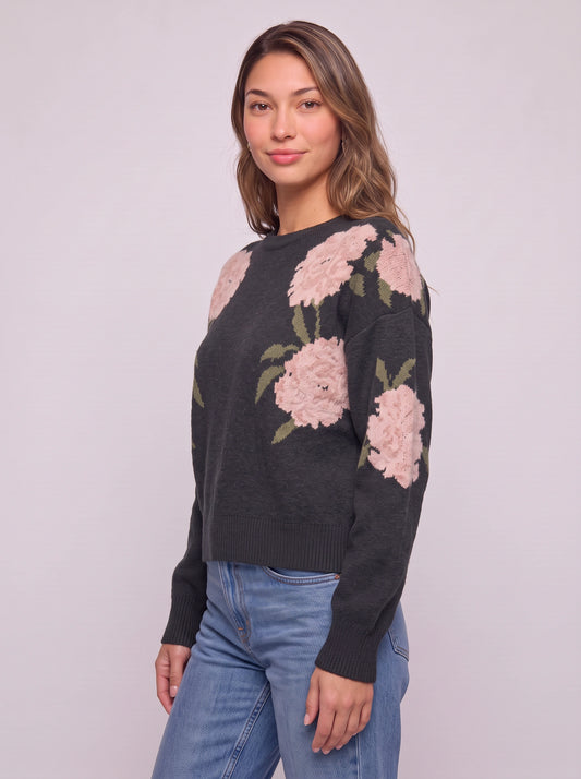 Peona Floral Knit Sweater – Black Crewneck Pullover Women Oversized Fall Casual Loose Knit Sweater